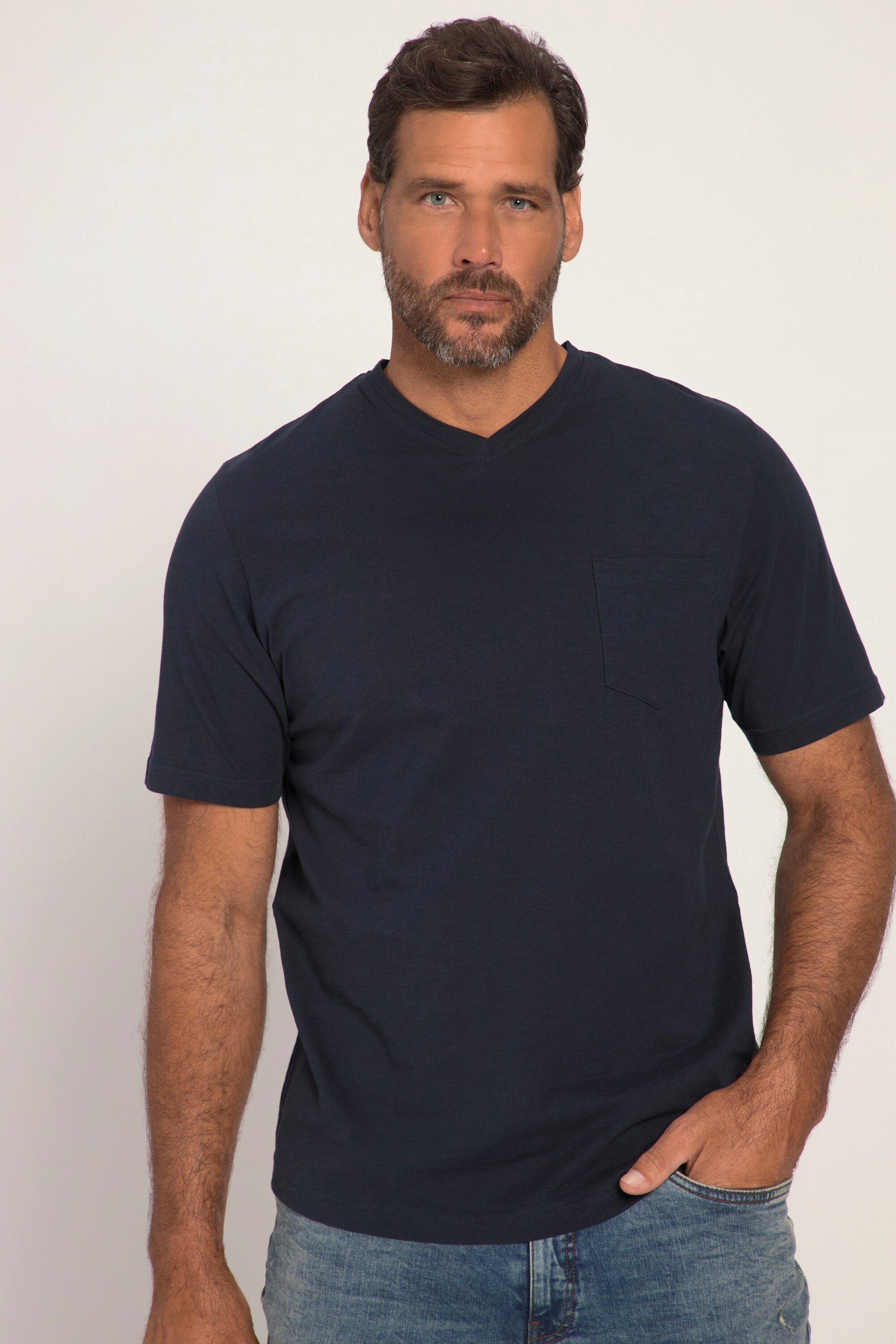 Basic JP1880 T-Shirt blau navy Flammjersey Halbarm V-Ausschnitt T-Shirt