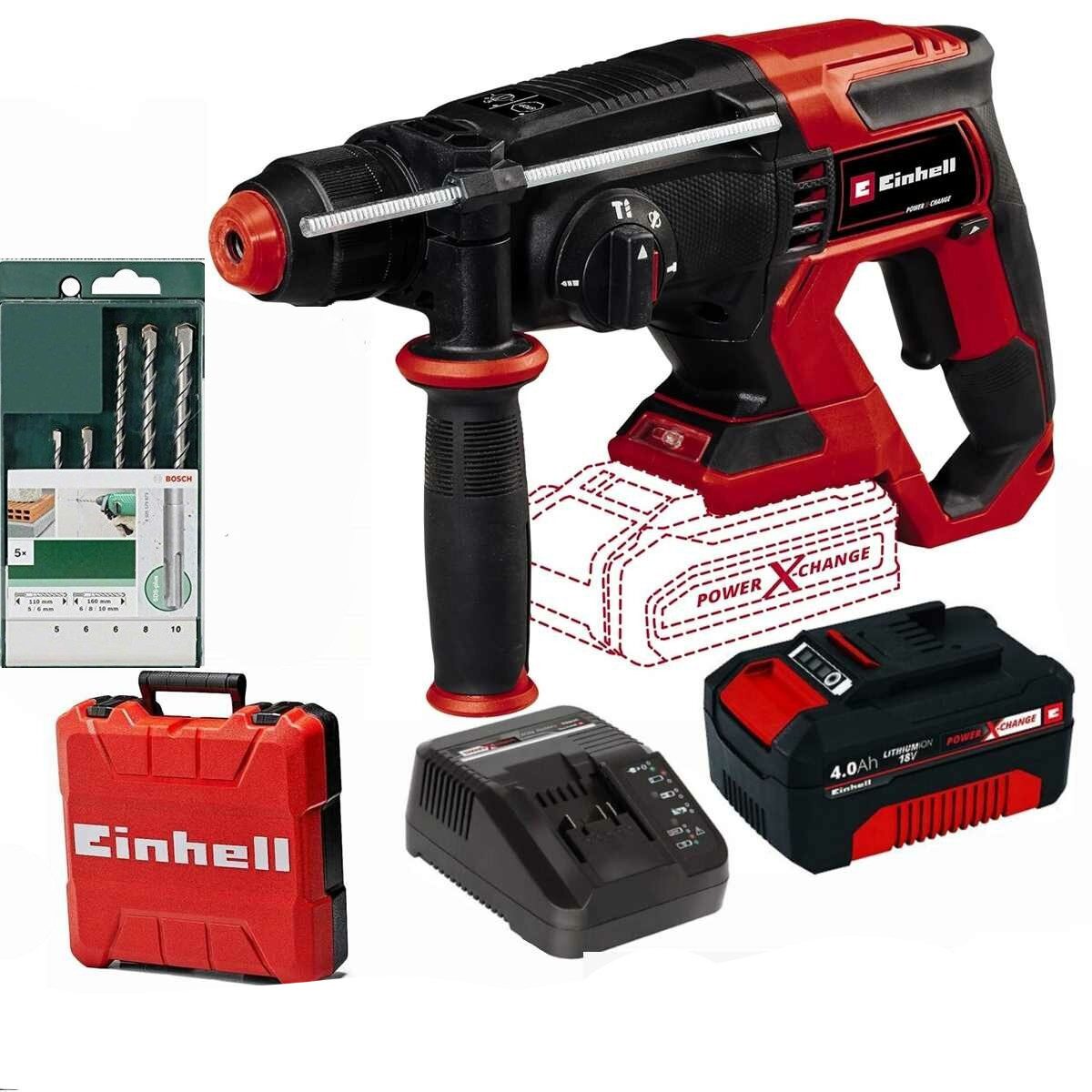 Einhell Akku-Bohrhammer Bohrhammer TE-HD 18/20 Li- 18V Akku 4.0 Ah + Boschl Bohrer Set 5 tlg.