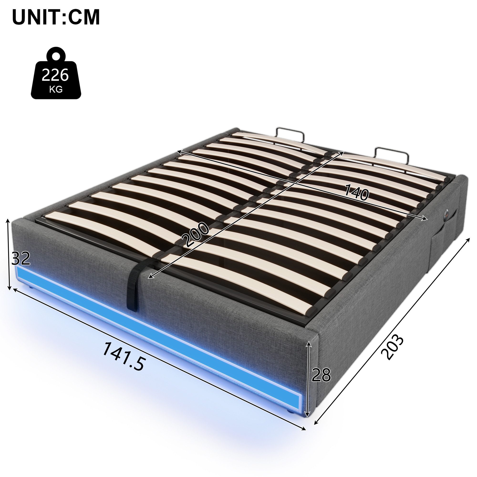 TavilaEcon Polsterbett 140×200 cm mit Bettkasten, LED, USB und Typ-C, kein Kopfteil-Design, Doppelbett mit Staufächern, hydraulischem Stauraum, ohne Matratze – Bild 4 von 5