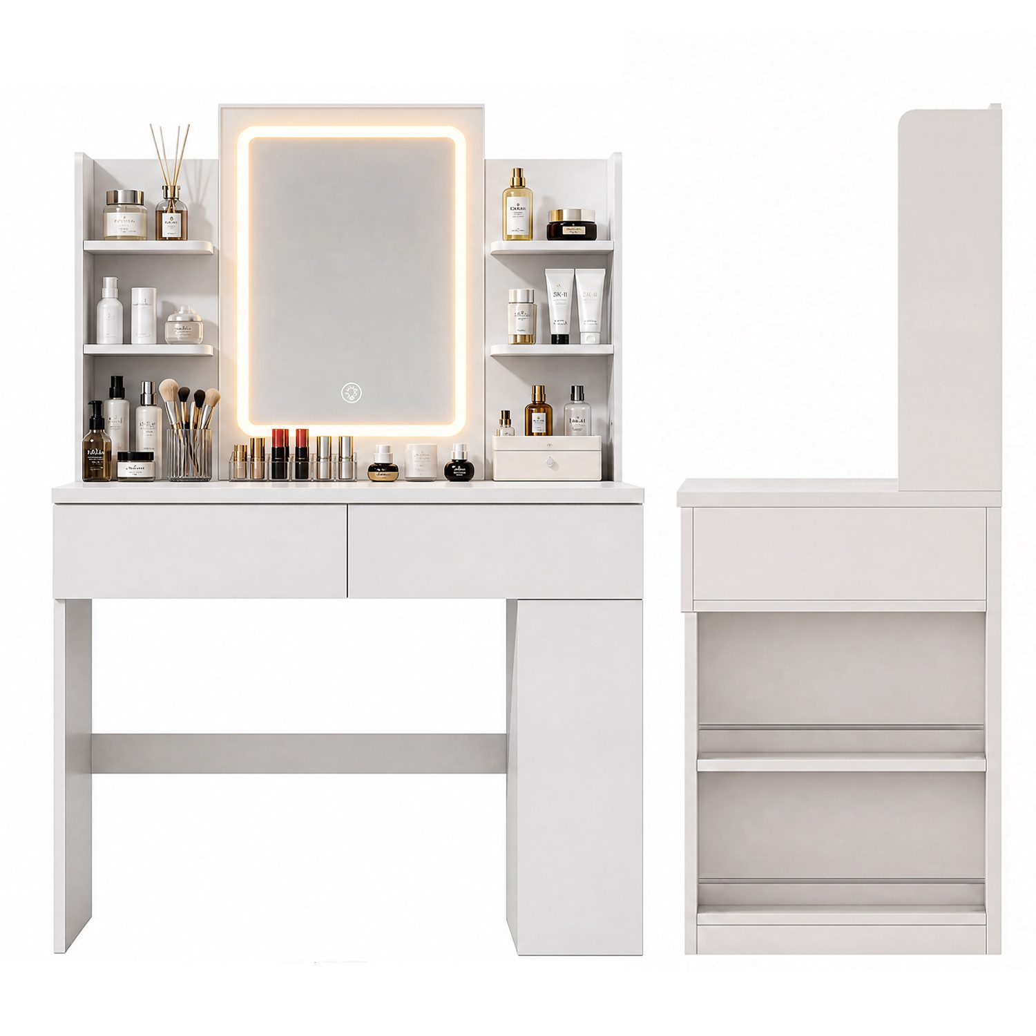 PFCTART Schminktisch Schminktisch mit Spiegel & Beleuchtung, Holz, Weiß, 90x40x135 cm (Set, 1-St., MDF Frisiertisch, dimmbare Beleuchtung & Föhnhalter, Weiß), Schminktische mit 3 Lichtfarben, USB, 2 Schubladen & Stauraum