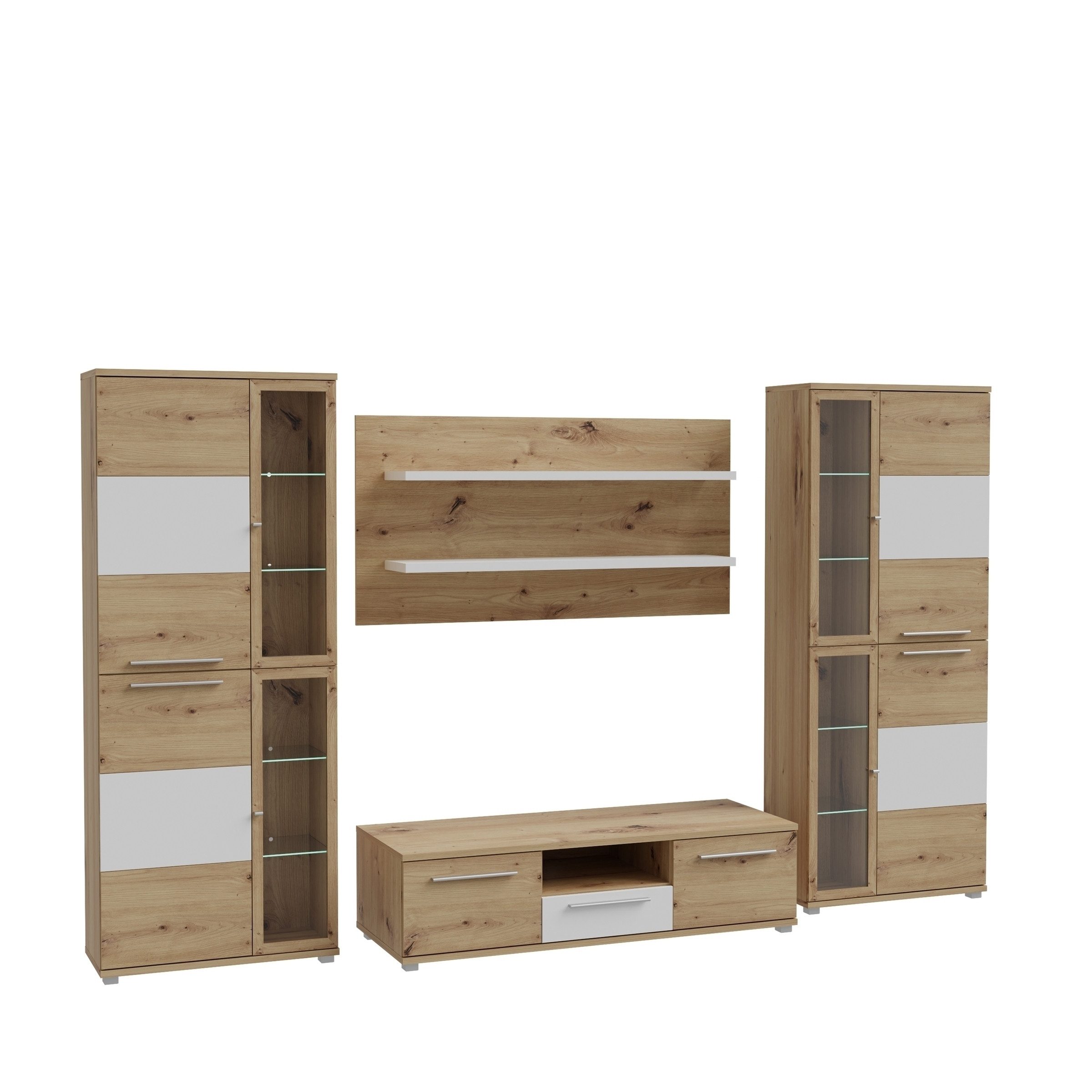 FORTE Wohnwand in Weiss / Artisan Eiche - 334x199,6x55cm (BxHxT)