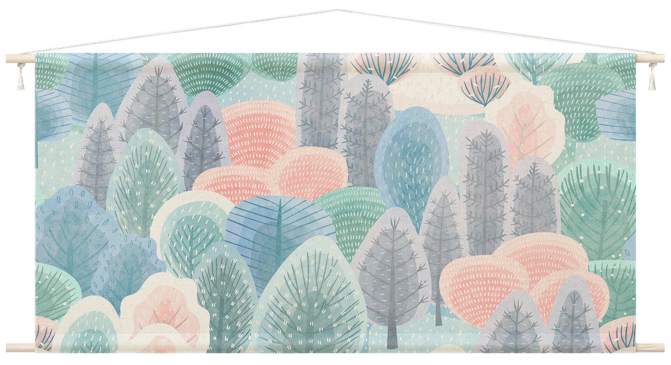 Bilderdepot24 Wandteppich modern Wald Botanik Wald pastell, rechteckig, Höhe: 2.6 mm, großes Wandbild aus Natur-Baumwolle Wandbehang Stoffbild Tuch Wollseil