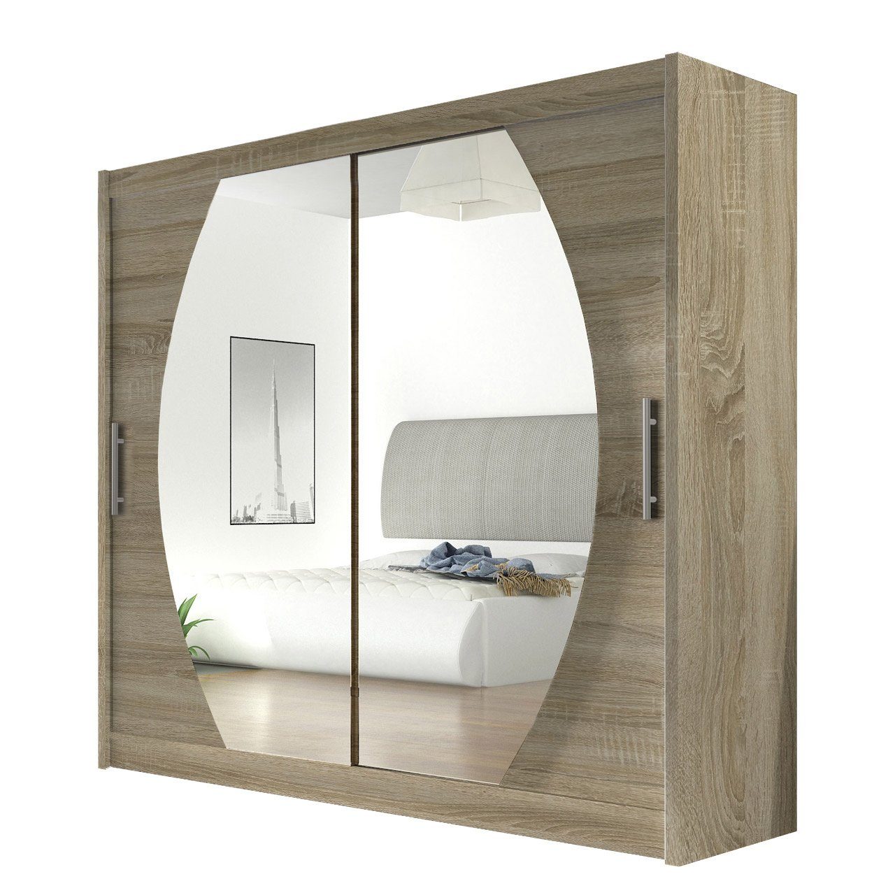 MIRJAN24 Kleiderschrank London IV (mit Schiebetüren, Spiegel) 180x215x58 cm, Garderobe, Schiebetürenschrankm