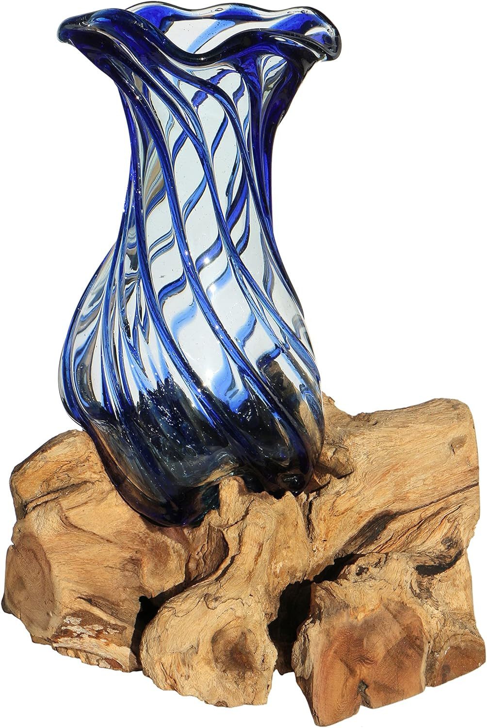 Wogeka Dekovase Dekovase Glas-Vase "Venezia" auf Wurzel-Holz Teakholz Gamal