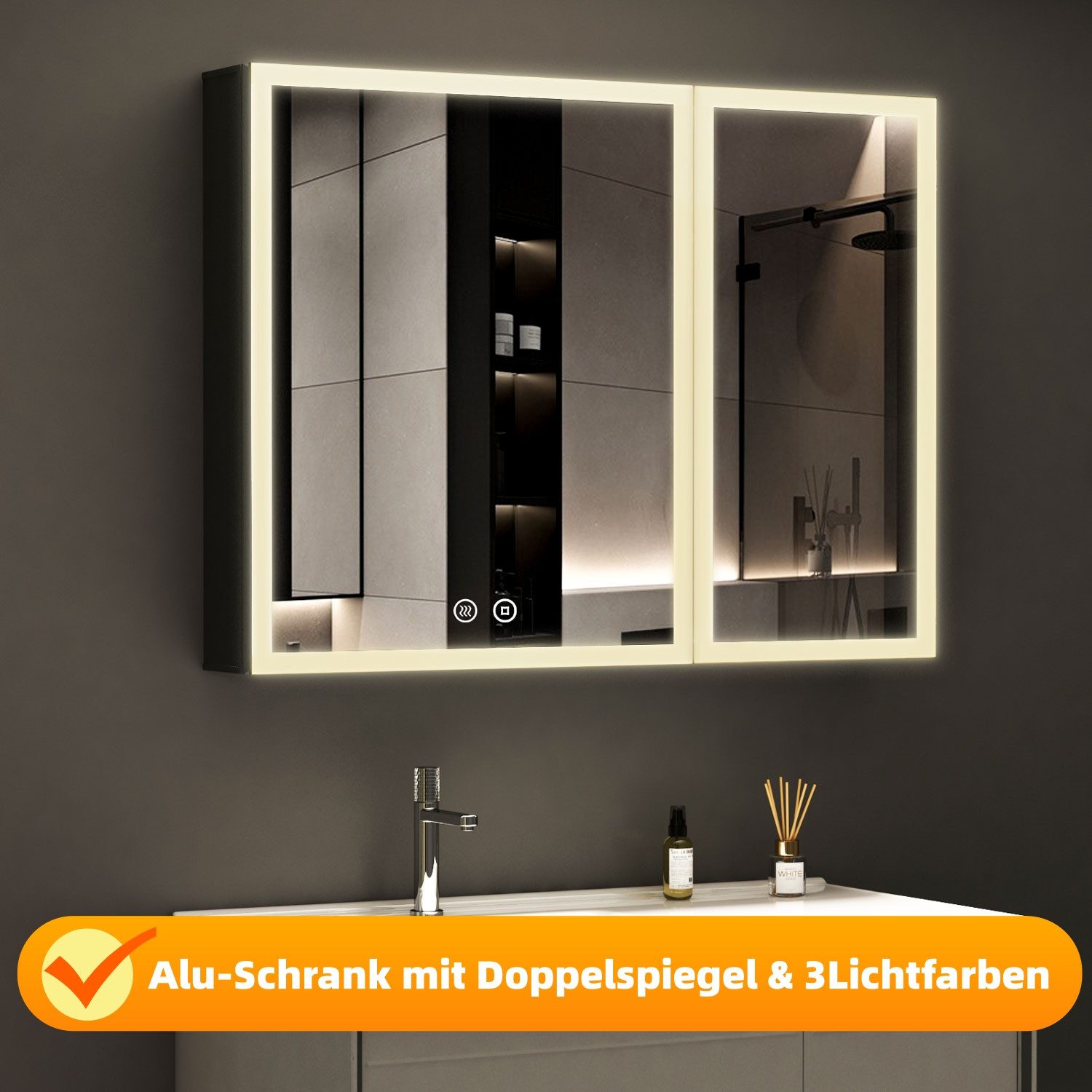 WDWRITTI Spiegelschrank mit beleuchtung 3Lichtmodi Dimmbar Badezimmerspiegelschrank LED 80x60 (Metall LED Wandschrank Hängeschrank Schwarz 2 türig, Speicherfunktion, Doppelspiegel) Soft-Close-Funktion, IP44, mit Netzstecker