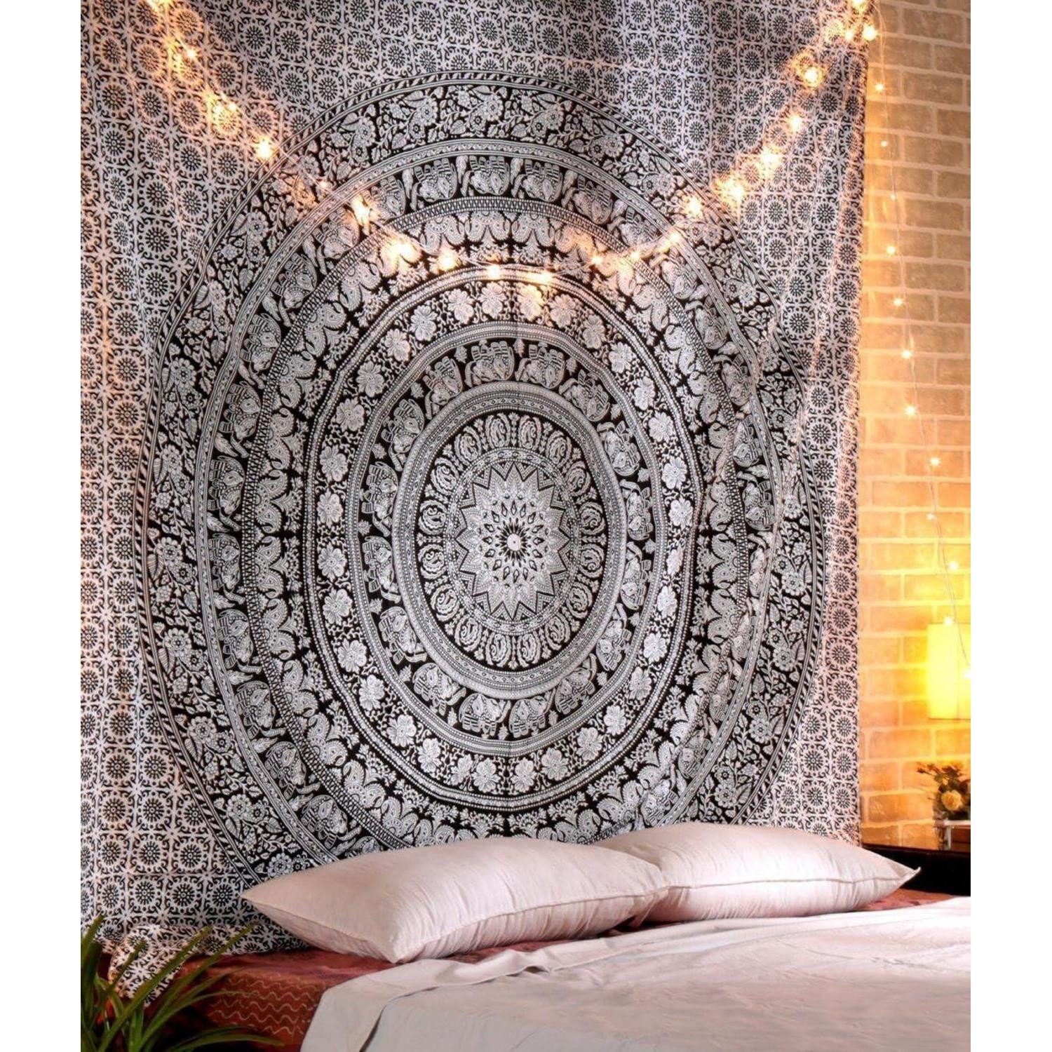 LuxusKollektion Wandteppich Elefant Mandala Tapisserie Wandbehang Schwarz Weiß 230x213 cm