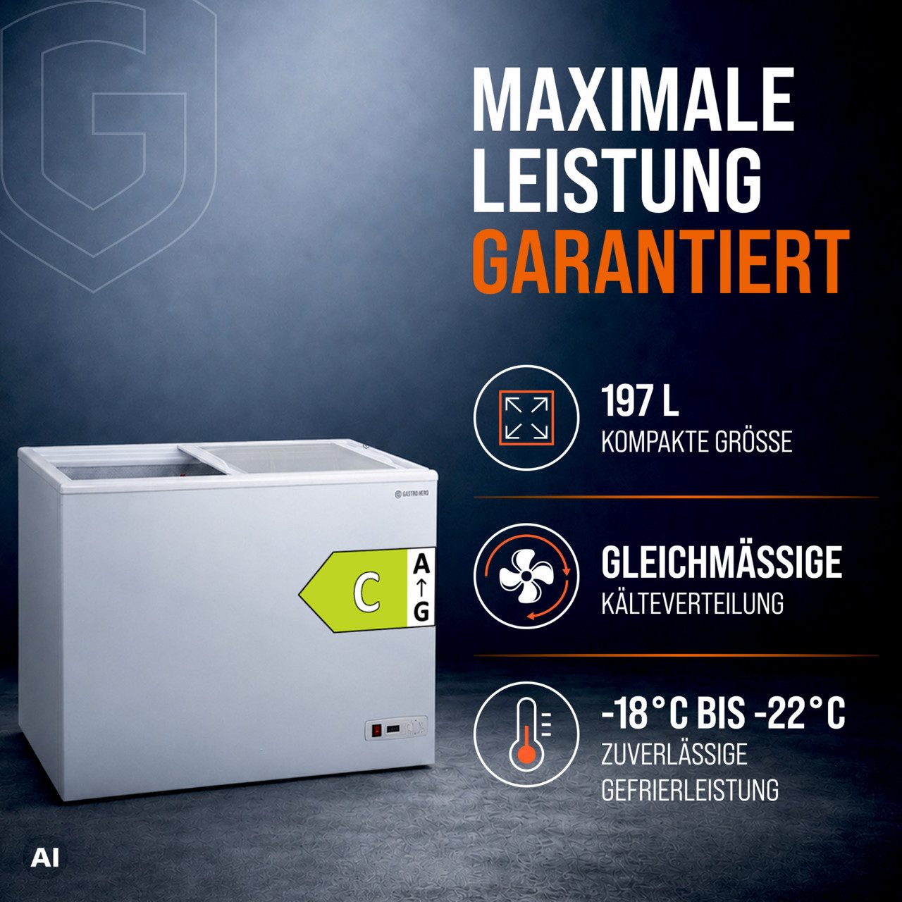GastroHero Gefriertruhe Tiefkühltruhe ECO 200 mit Glasschiebedeckel TKTR-ECO200N, 96 cm breit, 197 l, 70 mm Isolierung, statische Kühlung, mechanisches Thermost – Bild 2 von 5