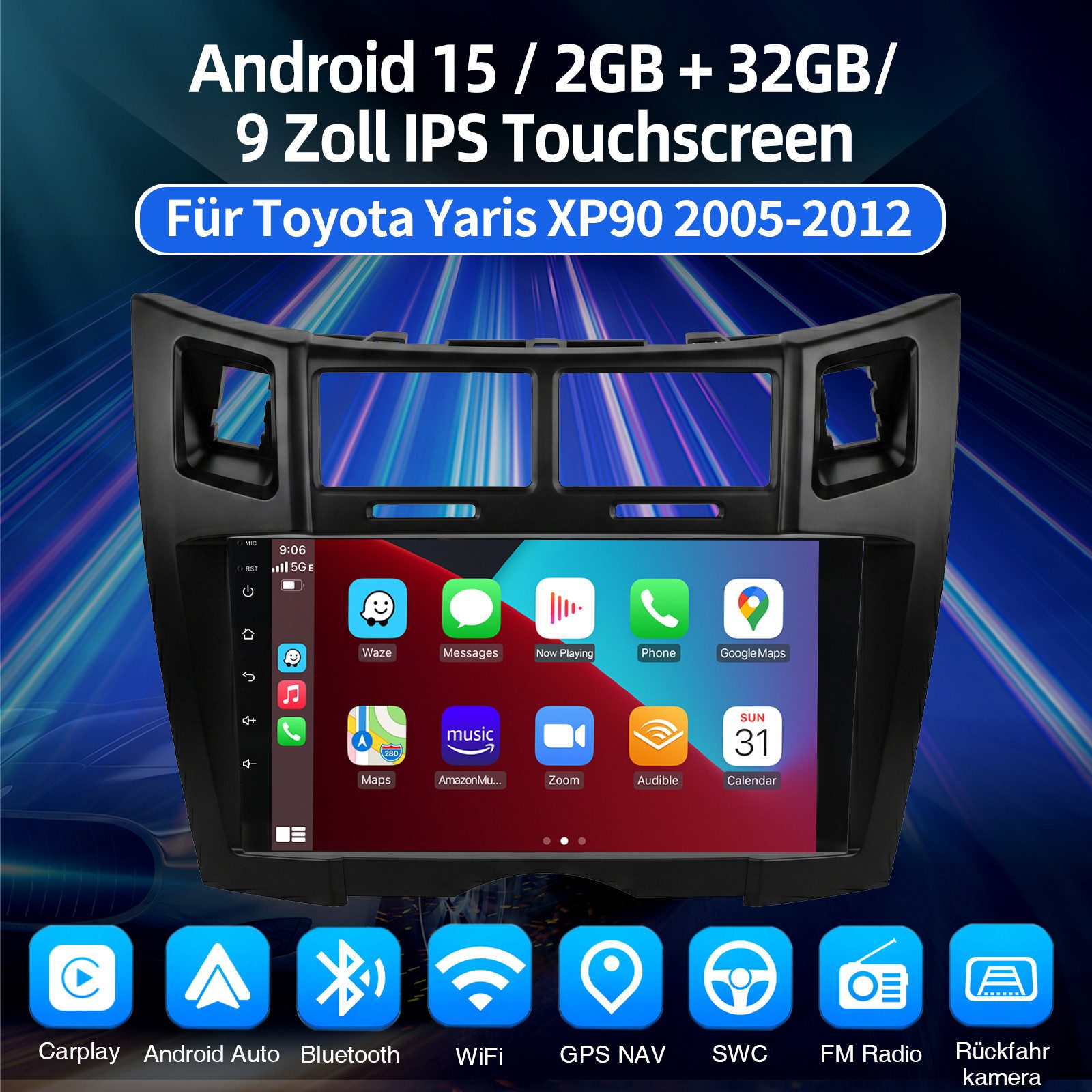 ESSGOO 4+64G 9'' Android15 Radio Toyota Yaris XP90 2005-2012 CarPlay Navi SWC Autoradio (RDS, 4+64GB(optional), Digitalradio (DAB), DAB (optional), FM, SWC, Apple Carplay Android Auto GPS Navi WIFI BT EQ)