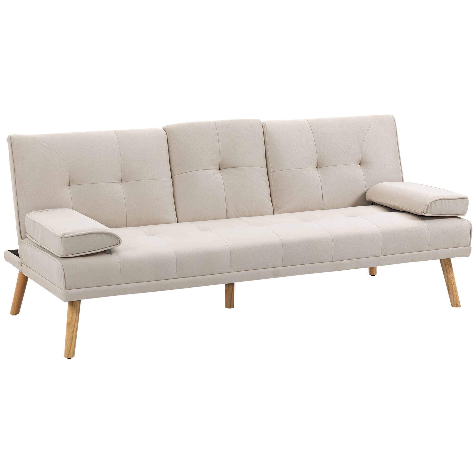 HOMCOM Schlafsofa Dreisitzer mit Bettfunktion, Einzelbett mit Kissen, Bettsofa 1 Teile, für Wohnzimmer, Beige