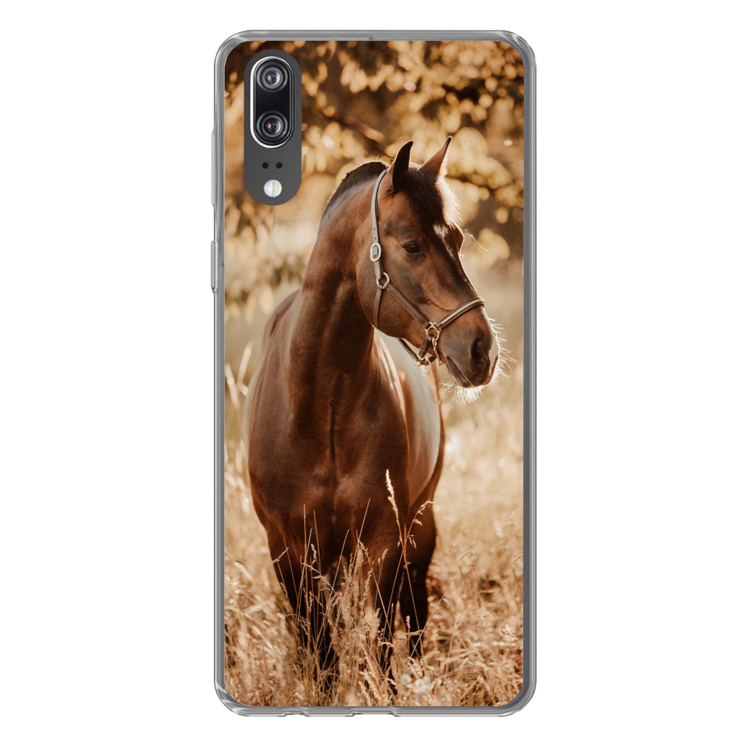 MuchoWow Handyhülle für Huawei P20 Pferd - Sonne - Porträt - Natur - Braun, Handy Case, Silikon, Bumper Case Dünn