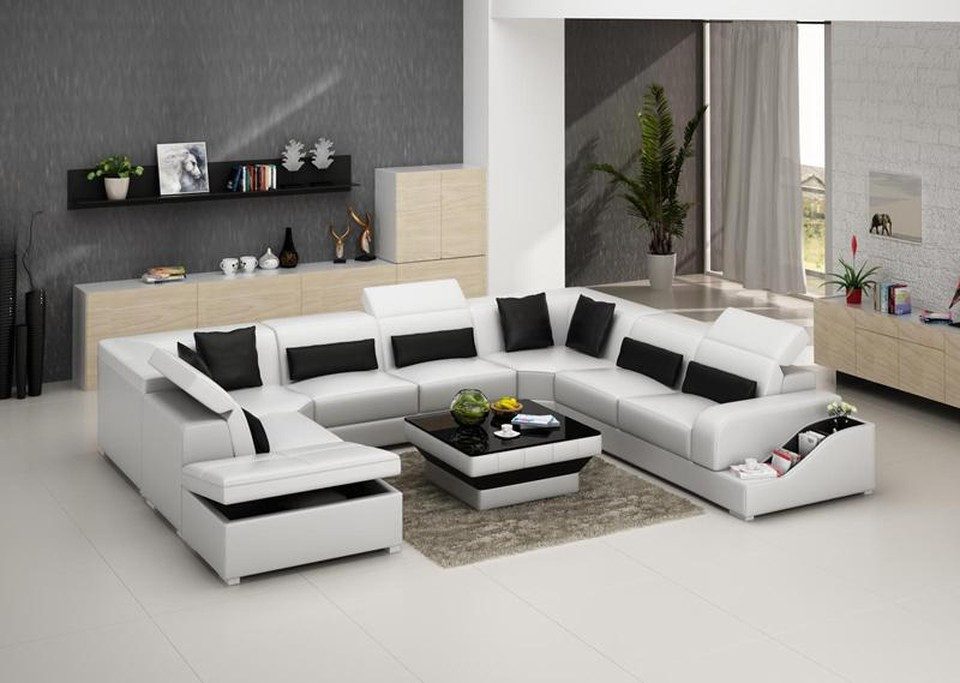 Xlmoebel Wohnlandschaft Ledersofa G8008 in Weiß mit Relax-Kopfstützen und Bettfunktion, Wohnlandschaft, Made in Europa