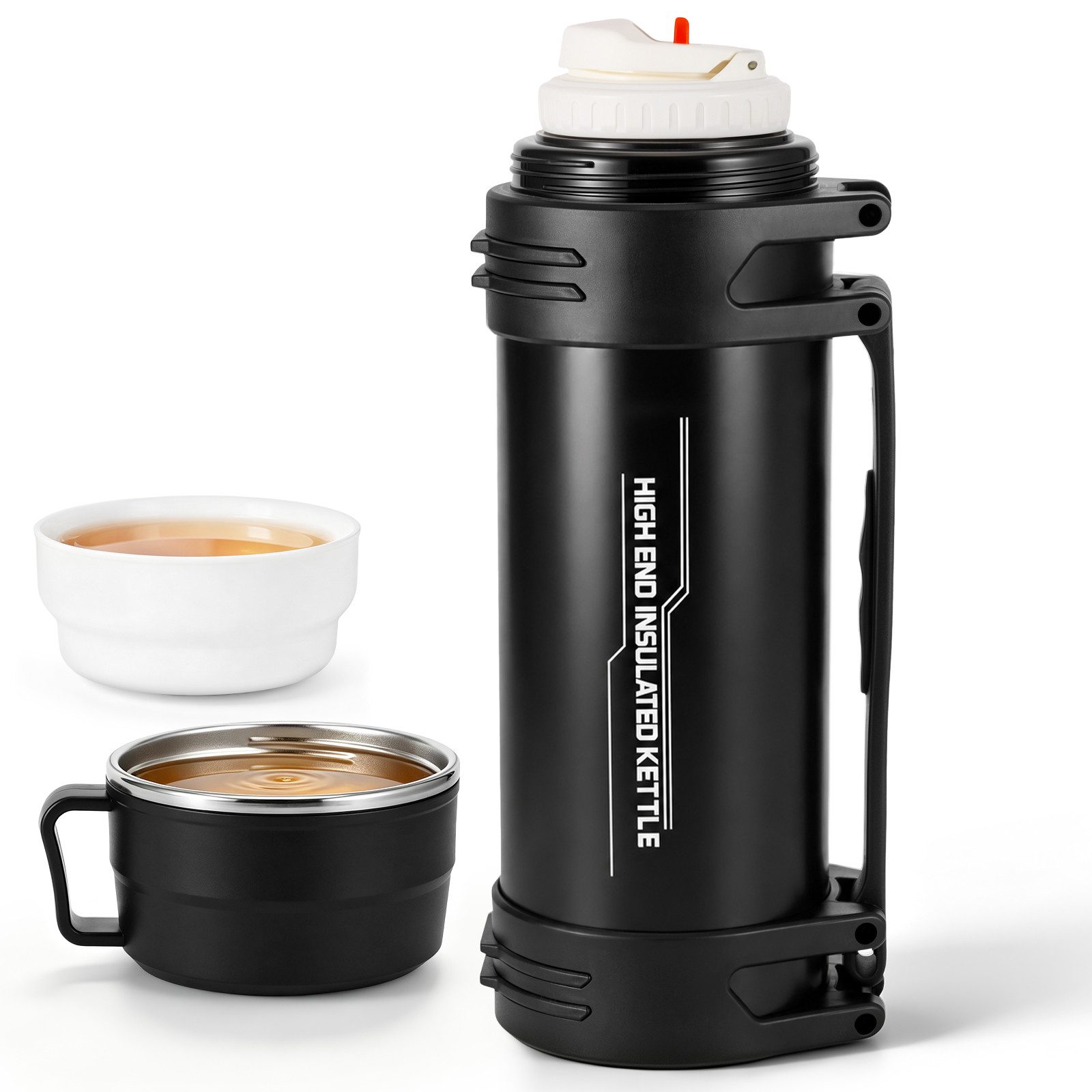 LEMLIT Isolierflasche Thermosflasche 2L mit Trinkbecher, Tragegriff und Schultergurt, Edelstahl-Reiseflasche Wärmekolben Trinkflaschen für Camping & Outdoor