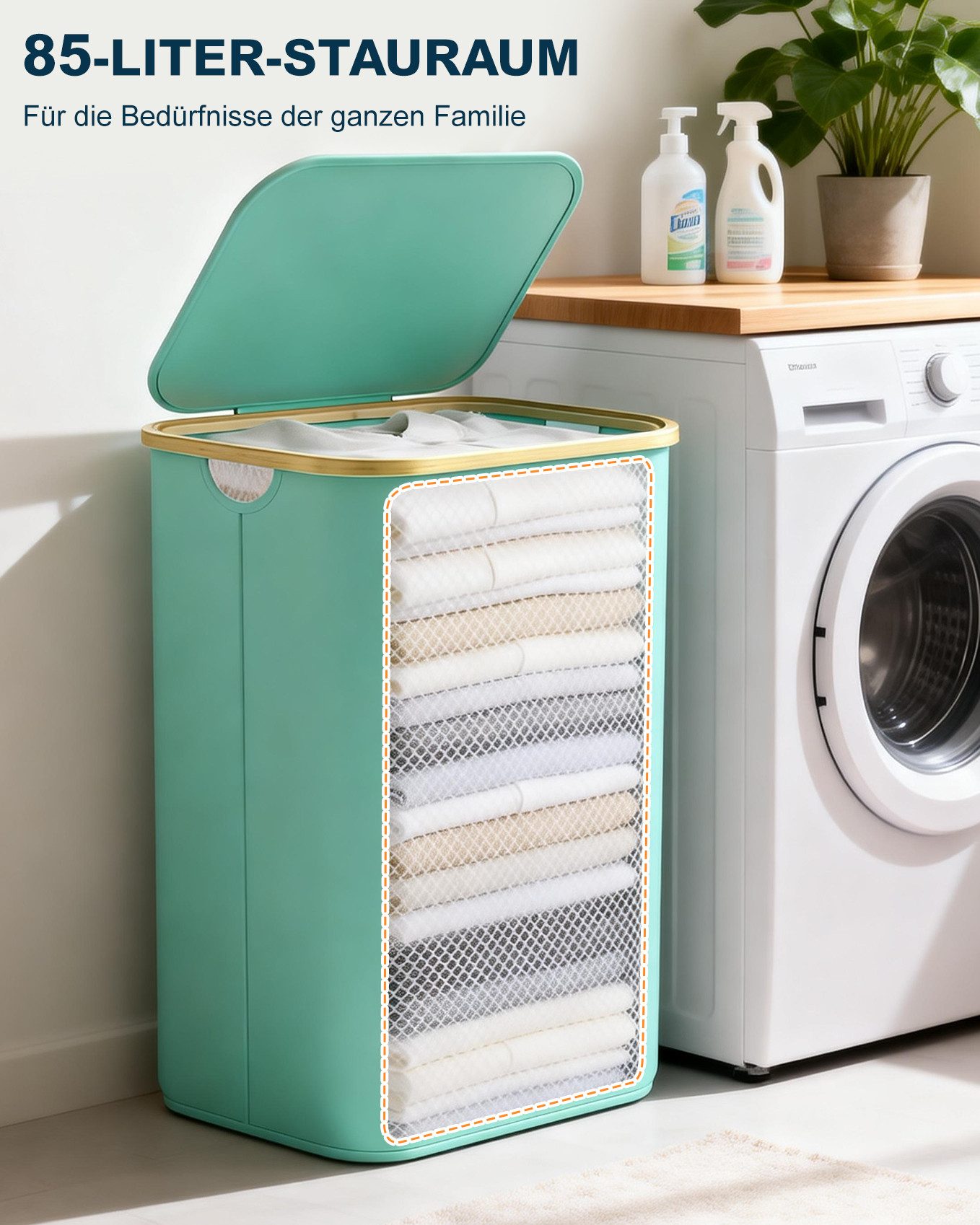 Ribelli Wäschekorb Wäschekorb mit Deckel und Herausnehmbar Wäschesack, Wäschetonne Schmal für Waschküche, Bad, Schlafzimmer, 85L