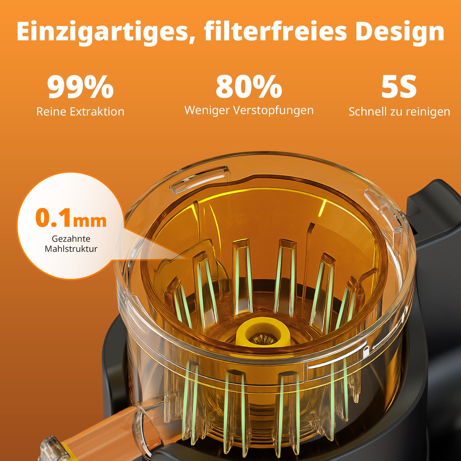 Airmsen Slow Juicer mit 147MM Extra Großem Einfüllschacht, Entsafter Gemüse und Obst, 300 W, Leicht zu Reinigen, Hohe Saftausbeute – Bild 3 von 5