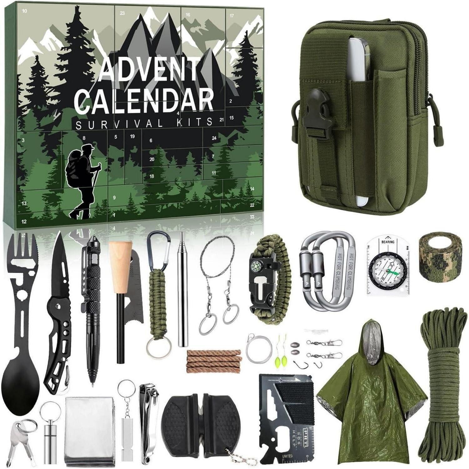 LuxusKollektion befüllbarer Adventskalender Survival-Adventskalender 24 Tage Hüfttasche Feuerbalg Poncho Outdoor