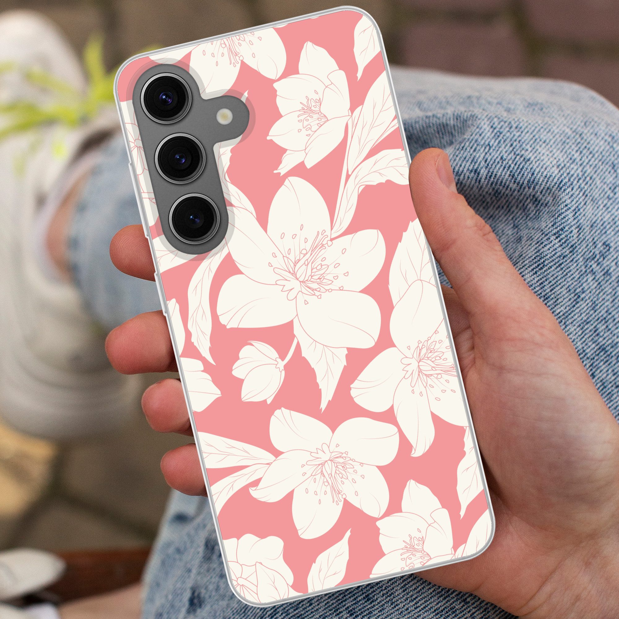 MuchoWow Handyhülle für Samsung Galaxy S24 Blumen - Muster - Rosa - Weiß, Phone Case, Silikon, Schutzhülle Dünn