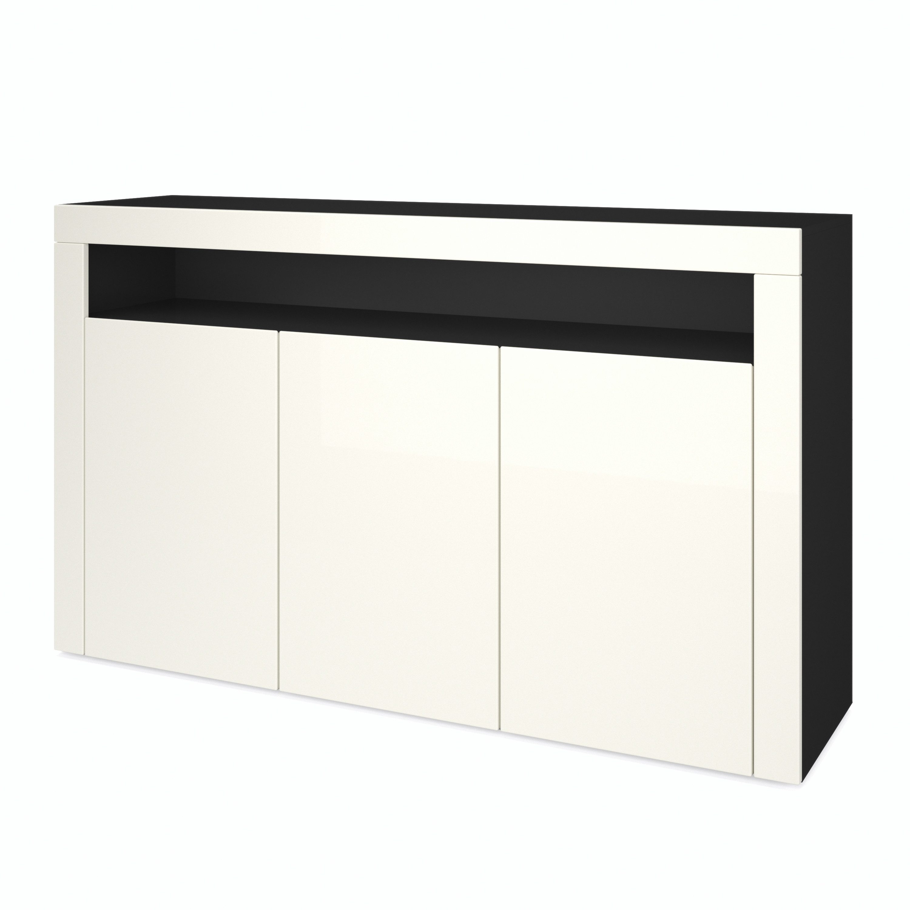 Vladon Sideboard Valencia (Sideboard, mit 3 Türen und 1 offenem Fach), Schwarz matt/Creme Hochglanz/Creme Hochglanz (155 x 92 x 40 cm)