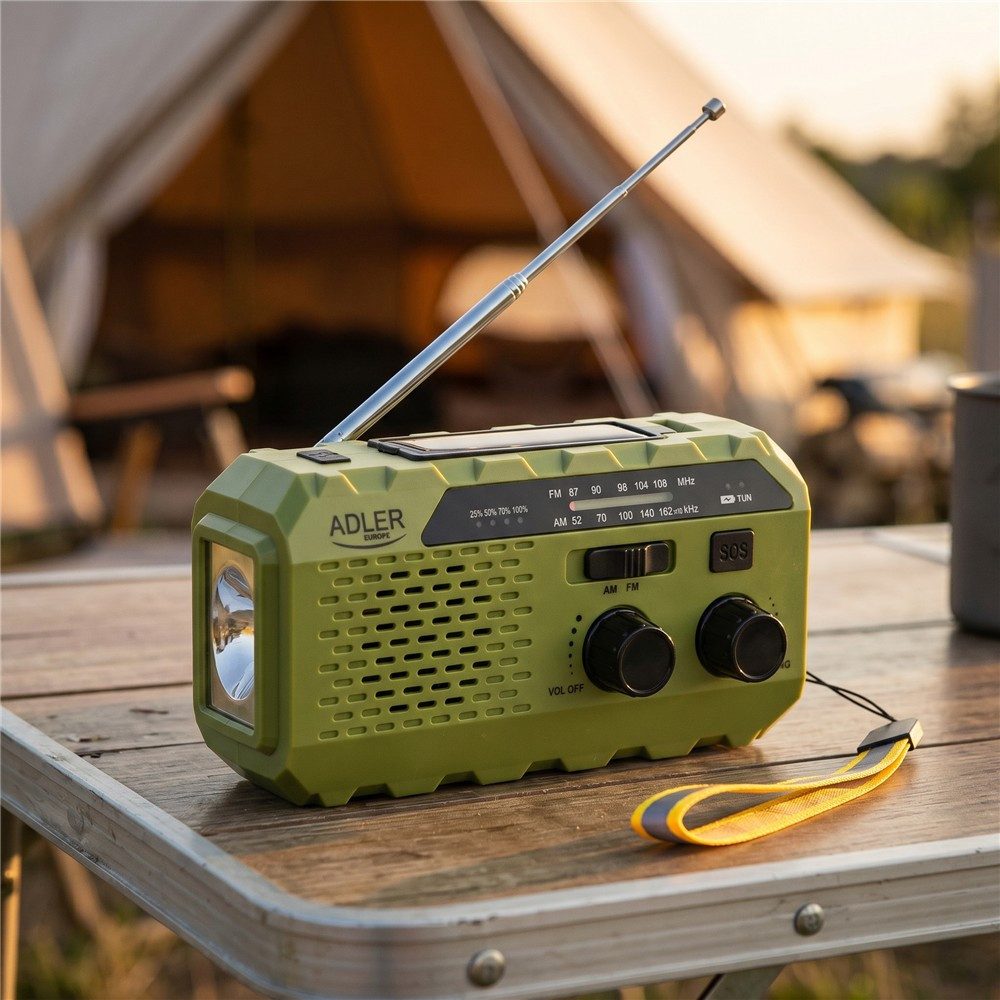 ADLER EUROPE Adler AD 1197 tragbares Notfallradio (FM, Powerbank, AM-Radio, LED-Taschenlampe, Kurbelradio, Solar, Dynamo, SOS-Alarm, Grün)