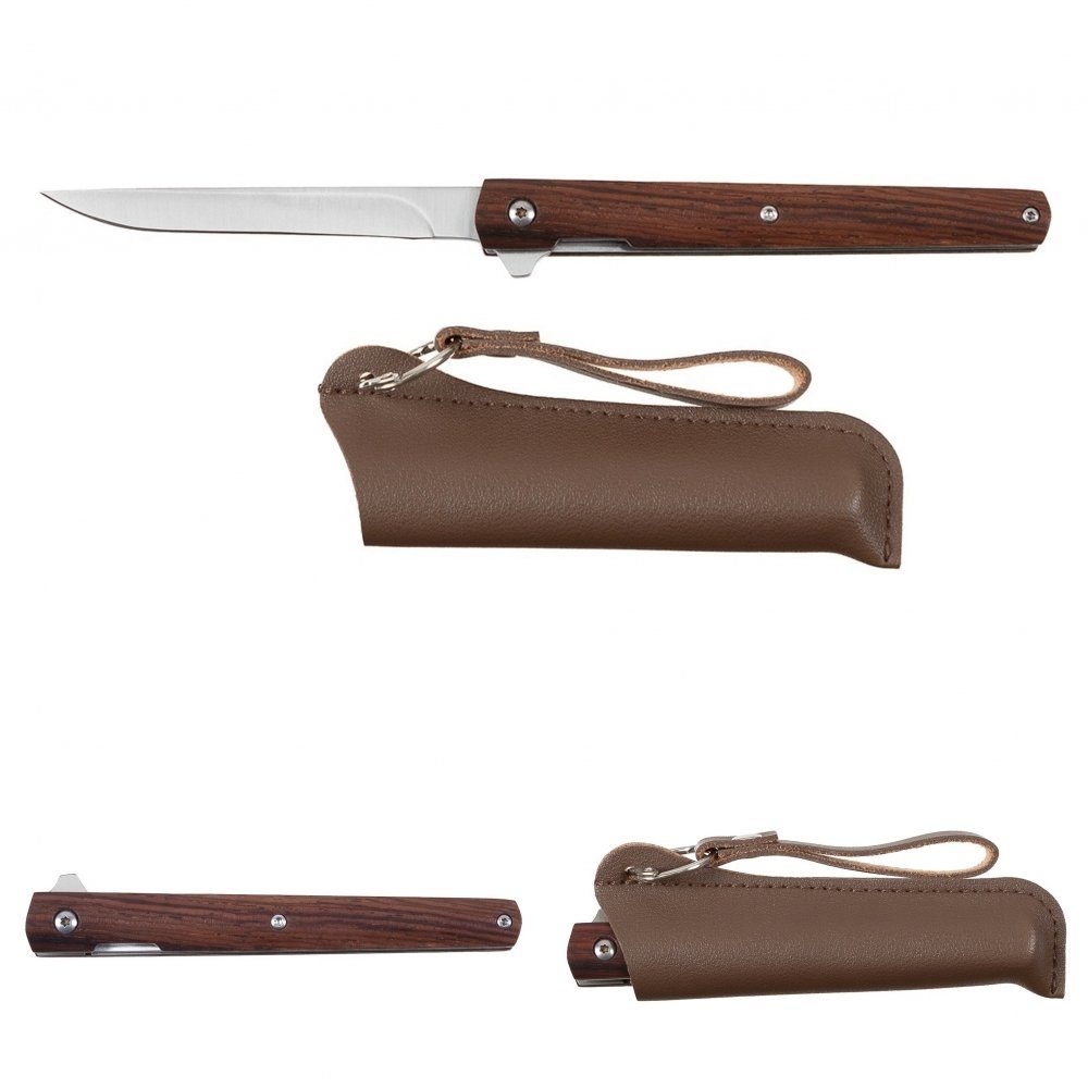 FoxOutdoor Taschenmesser Klappmesser, Slim, Einhand, Holzgriff, Kunstlederscheide mit Metallring