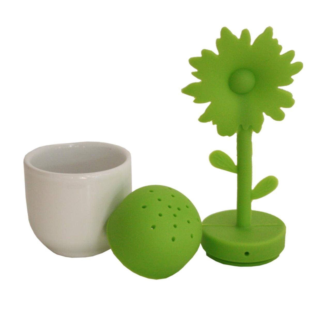 Zone Denmark Teesieb ZONE 3-tlg. Set TEE-EI Blume Grün mit weißer Keramik-Halterung, Silikon, Keramik, (Set, 3-St., Tee-Sieb incl. Keramik-Halterung)