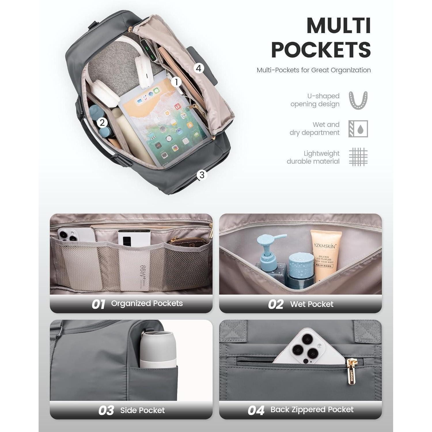 LuxusKollektion Weekender Sporttasche Damen Weekender Reisetasche mit Schuhfach Nassfach Grau