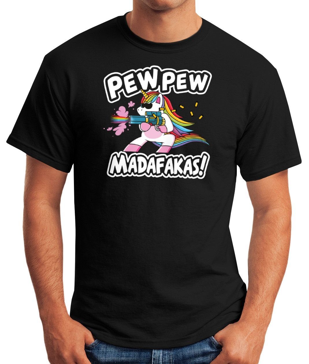 Pew Moonworks® Fun-Shirt Herren schwarz Madafakas böses T-Shirt Pew Einhorn Unicorn Spruch lustig mit Print Regenbogen Print-Shirt MoonWorks