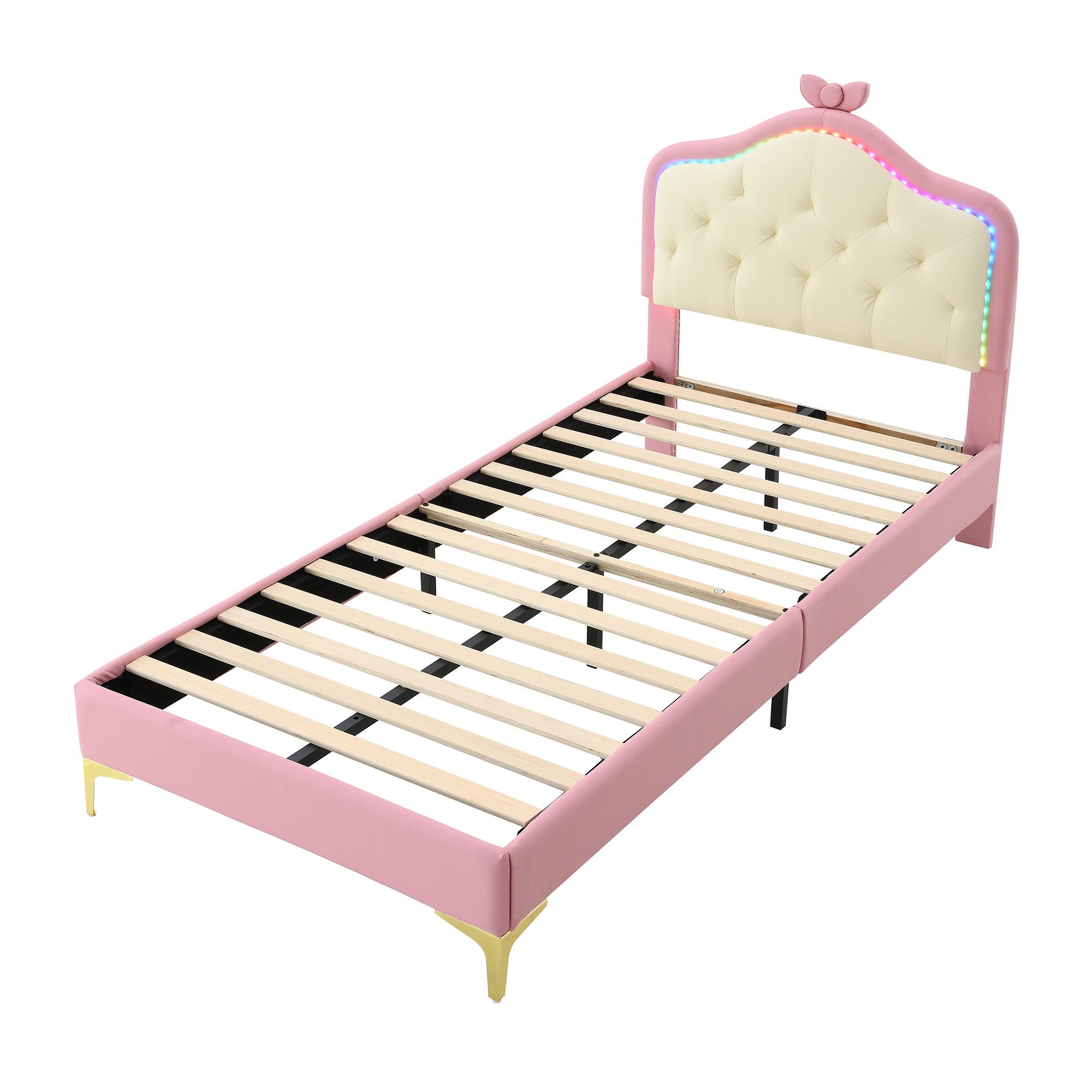 SOFTWEARY Polsterbett Prinzessinbett mit LED-Beleuchtung (90x200 cm), Einzelbett mit Kopfteil und Lattenrost, Jugendbett, Kunstleder