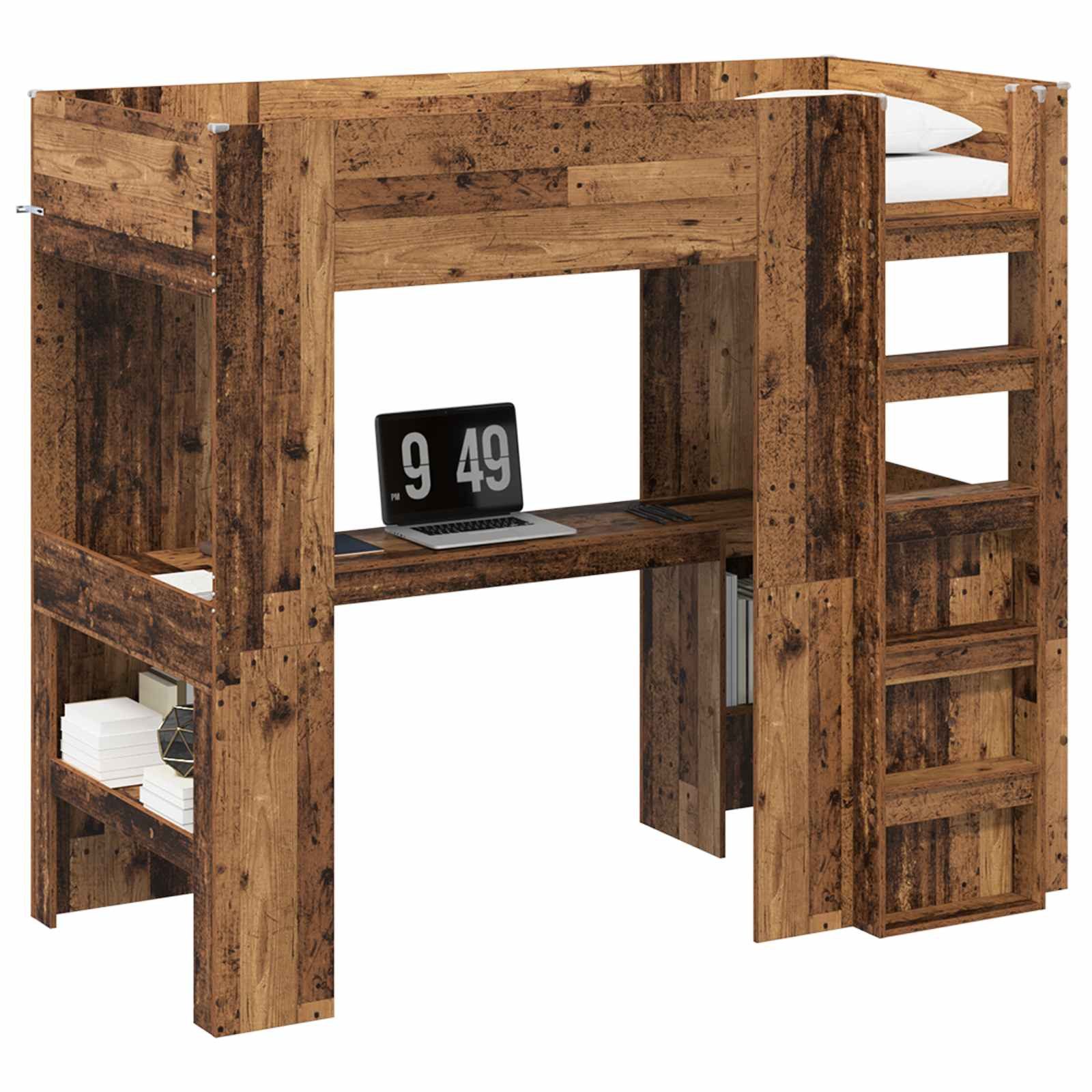 furnicato Bett Etagenbett mit Schreibtisch 203 x 103 x 175 cm Altholz, Mit Regalen kombiniertes Hochbett mit integriertem Schreibtisch