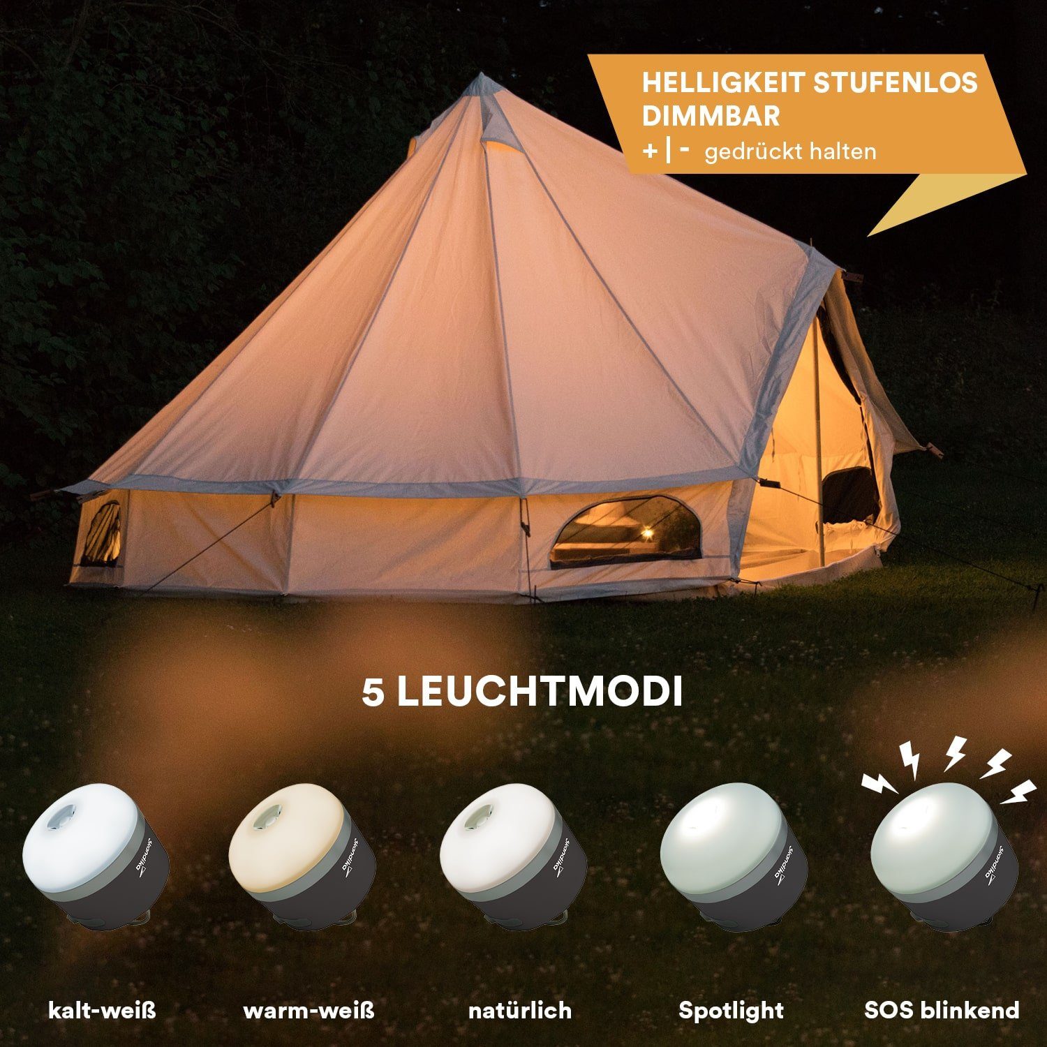 Skandika LED Gartenleuchte 2er-Set Campinglampe Tarfala, USB Anschluss, 3600 mAh Powerbank, stufenlos dimmbar, 110 h Akku, Zeltlampe, Haken zum Aufhängen, Outdoor