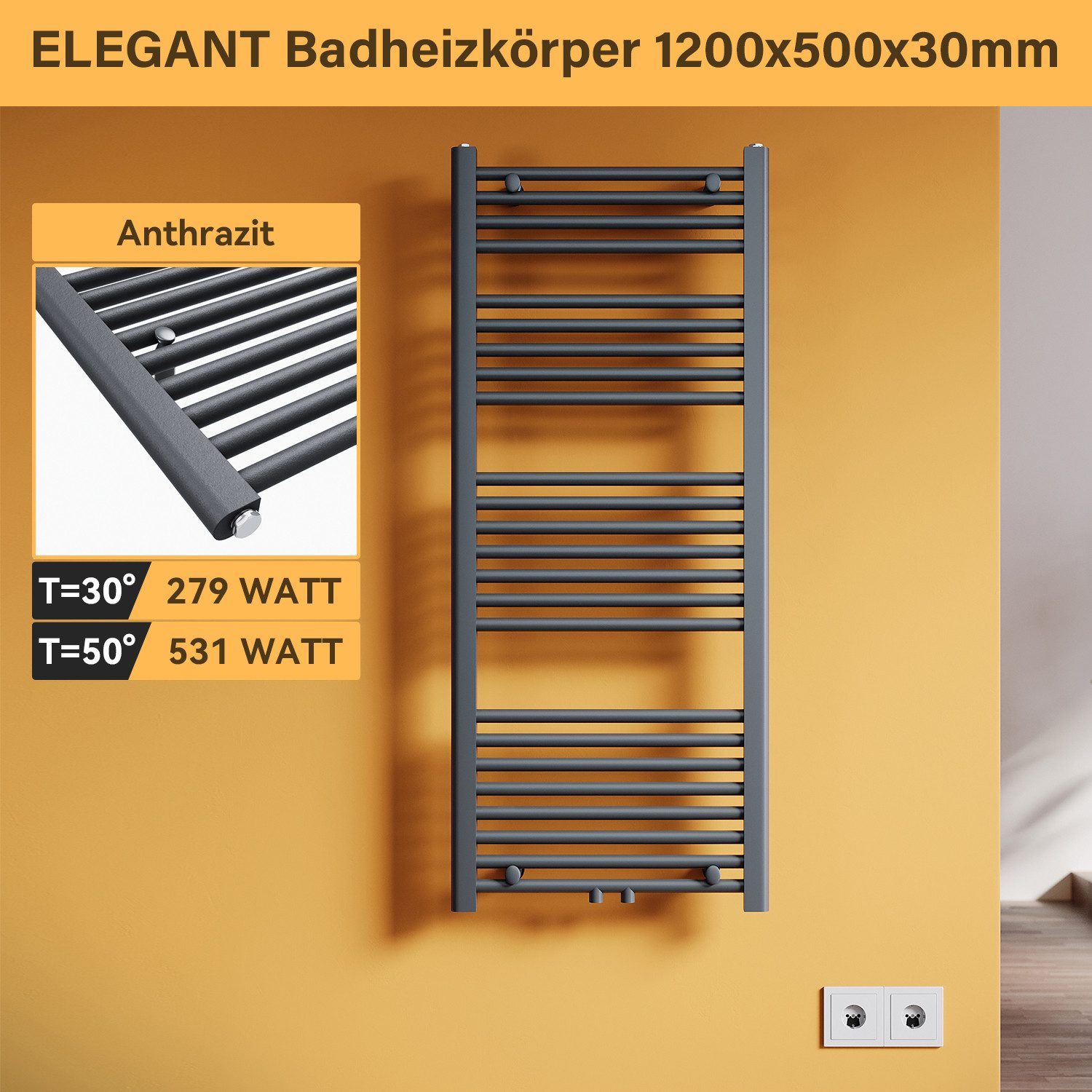 SONNI Badheizkörper Handtuchheizkörper Bad Handtuchwärmer Handtuchtrockner, Anthrazit, Mittelanschluss, mit/ohne Multiblock