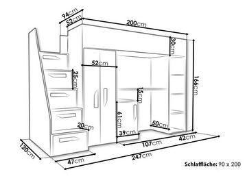 Unique Home Hochbett Kinderbett PAR 14, Inkl. Schreibtisch, Kleiderschrank und Treppe Farbe wählbar