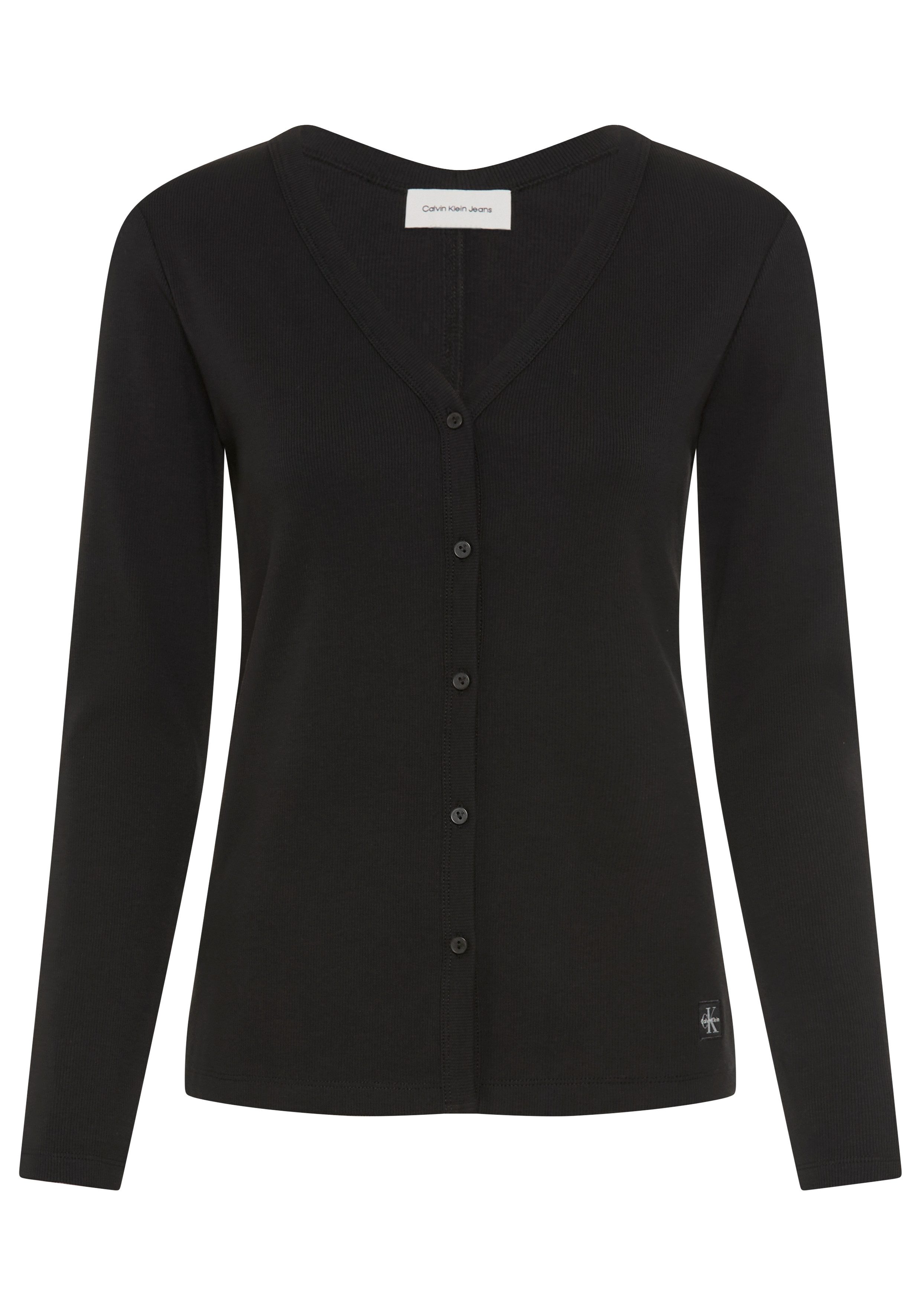 Calvin Klein Jeans Langarmshirt WOVEN LABEL BABY RIB BUTTON Figurbetonte Passform mit V-Ausschnitt