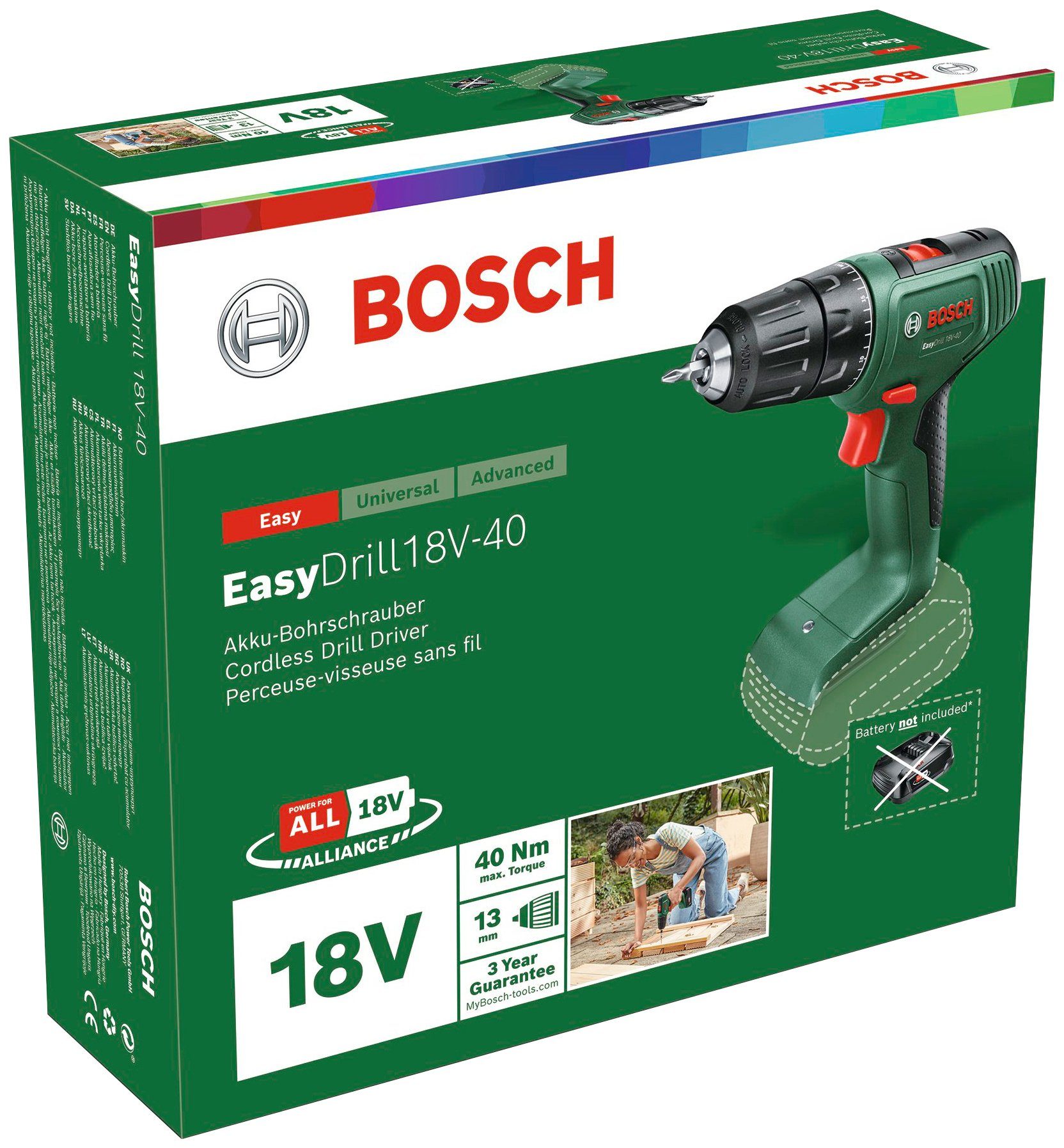 Bosch Home und Easydrill Akku-Bohrschrauber ohne Garden Ladegerät, Akku & System Volt 18V-40, 18