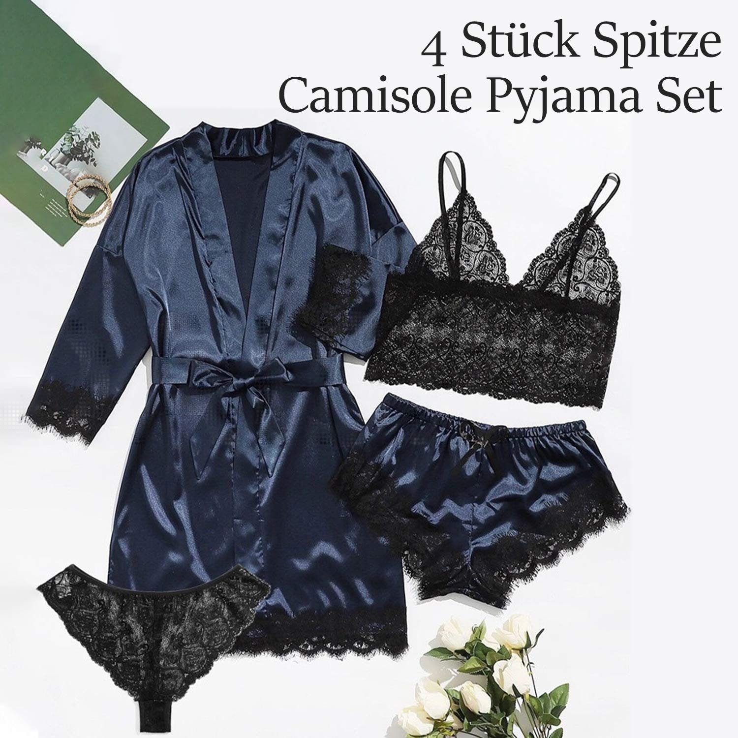 Teiliges Schlafanzüge Damen Daisred Spitze für Lace Schwarz 4 Sexy Pyjama Set