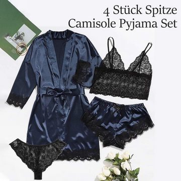 Daisred Pyjama 4 Teiliges Schlafanzüge Sexy Spitze Lace Set für Damen