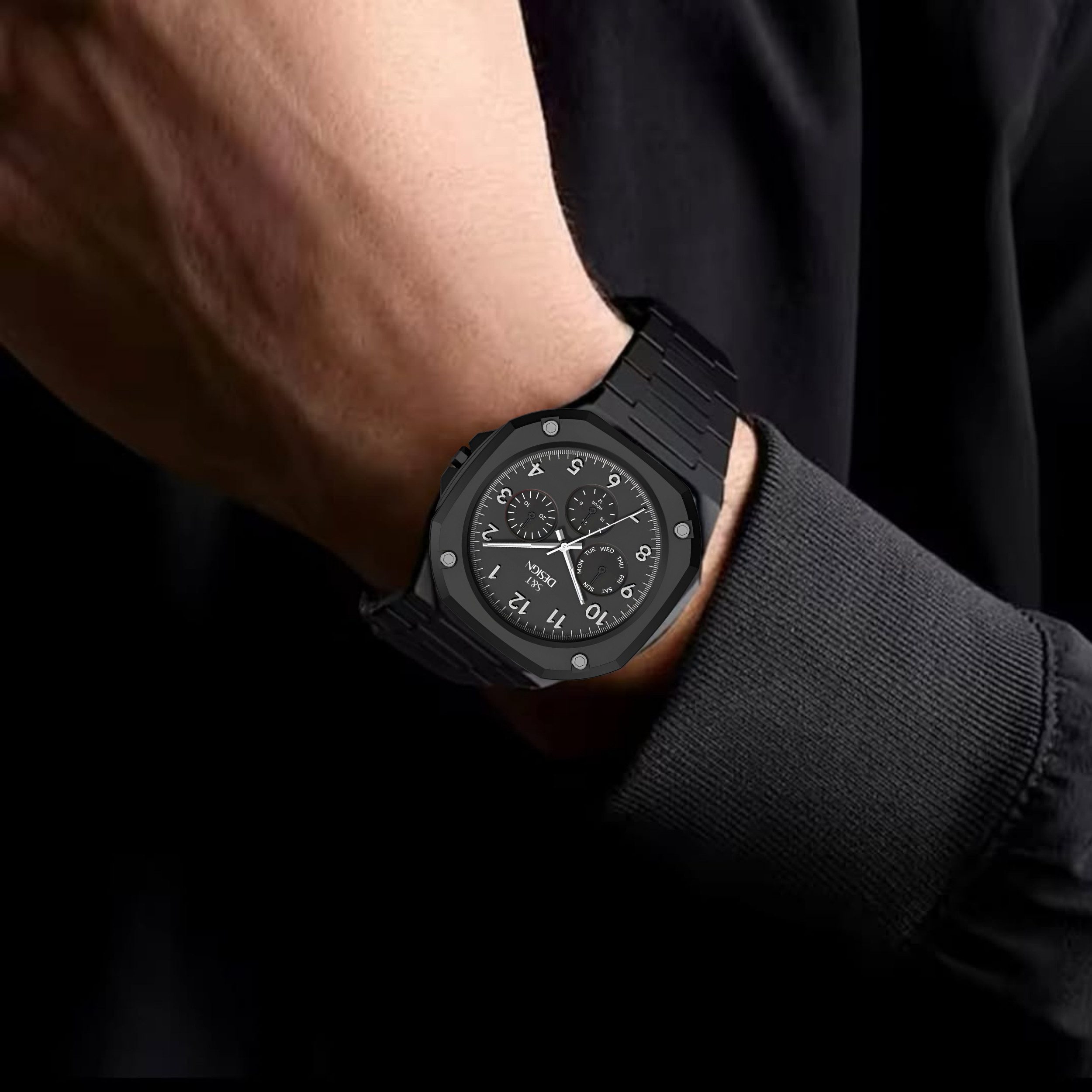 S&T Design Quarzuhr Herrenuhr Armbanduhr Schwarz Matte Männer Uhr Arabisch All Black, (Packung, 1-tlg., mit Armbandkürzer und Geschenkbox), Ultraleichte Herrenuhren 40g Matt Weich Elegant Minimalistisch Schwarz