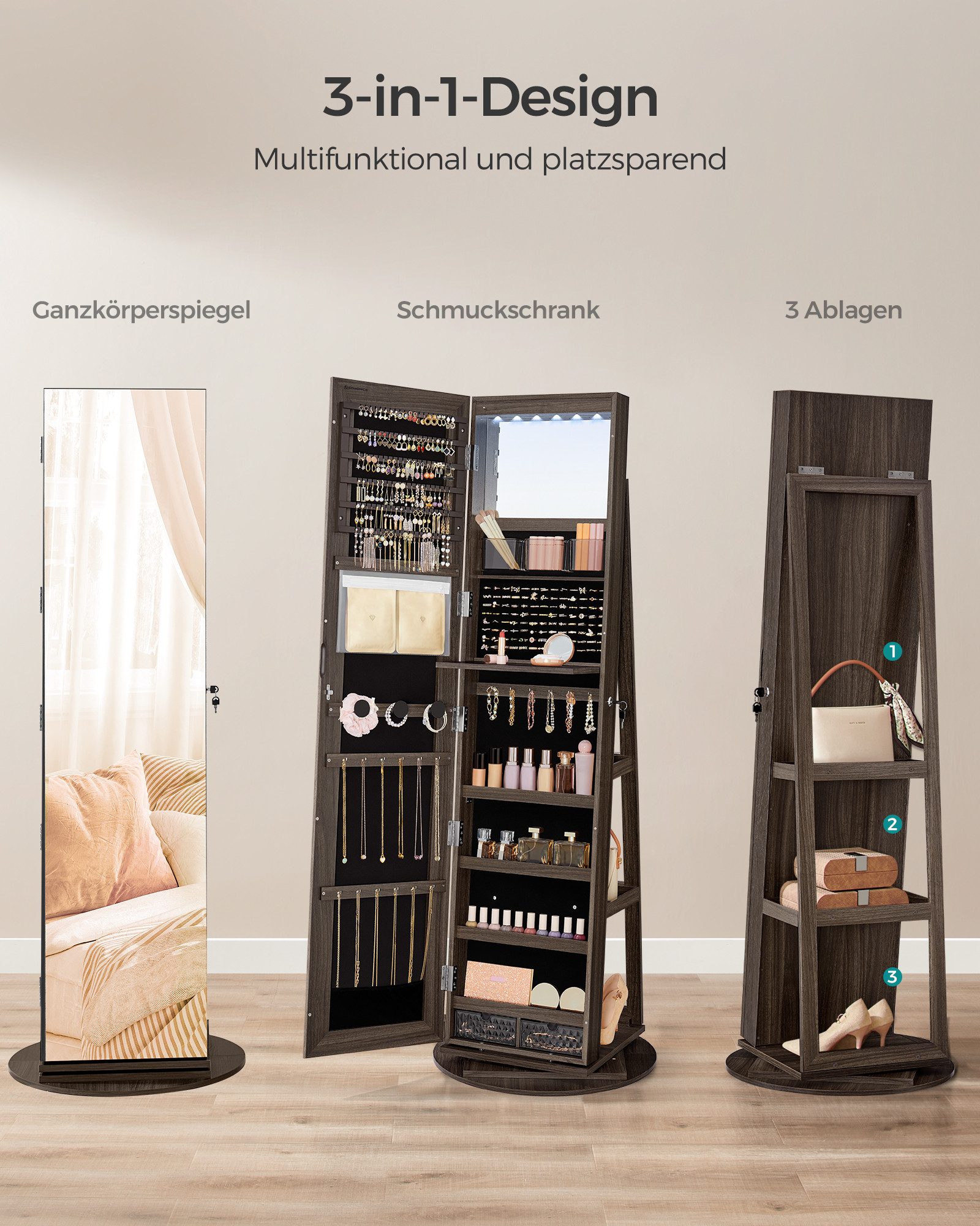 SONGMICS Schmuckschrank mit LED und Spiegel, 3 Ablagen, 360° drehbar
