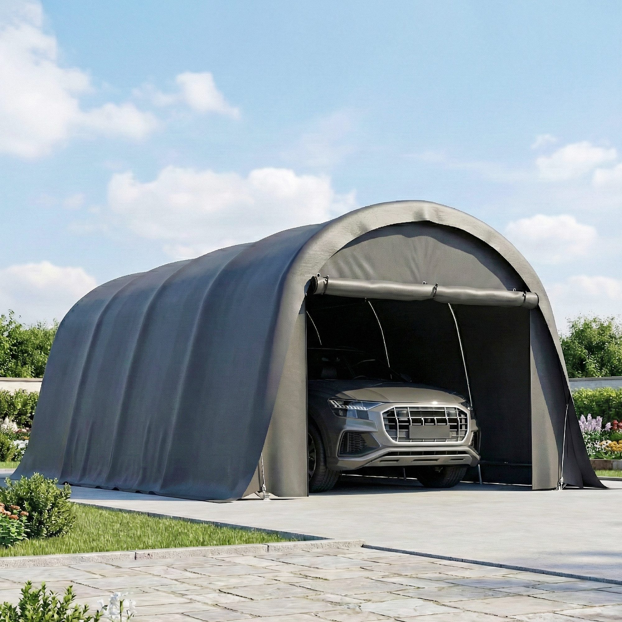 Outsunny Einzelcarport Zeltgarage Lagerzelt mit Rolltor, UPF50+, winterfest, UV-beständig, BxT: 300x600 cm, 200 cm Einfahrtshöhe, (Carport, 1 St., Lagerzelt), für Auto SUV Boot, Dunkelgrau
