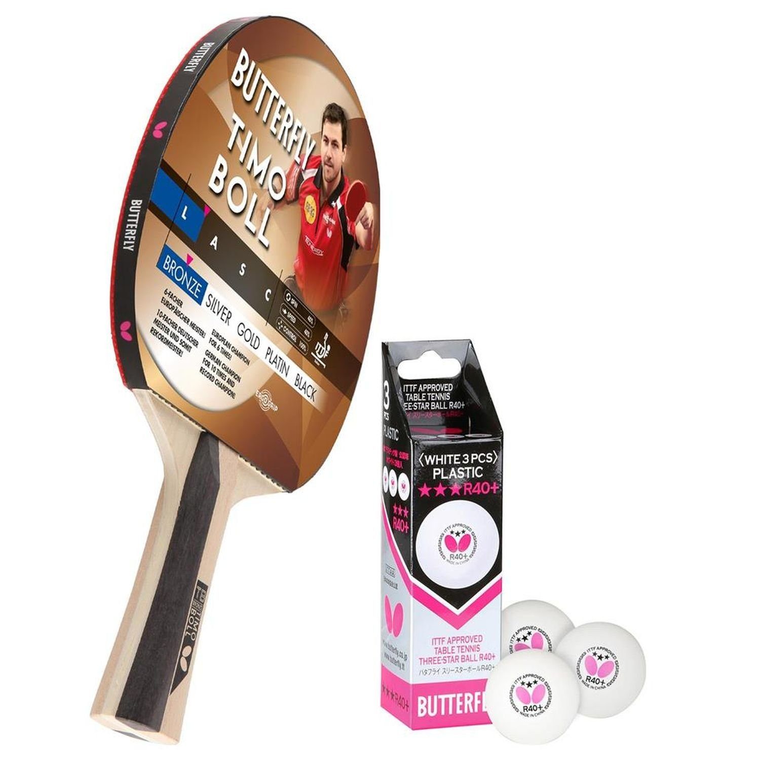 Butterfly Tischtennisschläger 1x Timo Boll Bronze 85011 + Bälle, Tischtennis Schläger Set Tischtennisset Table Tennis Bat Racket