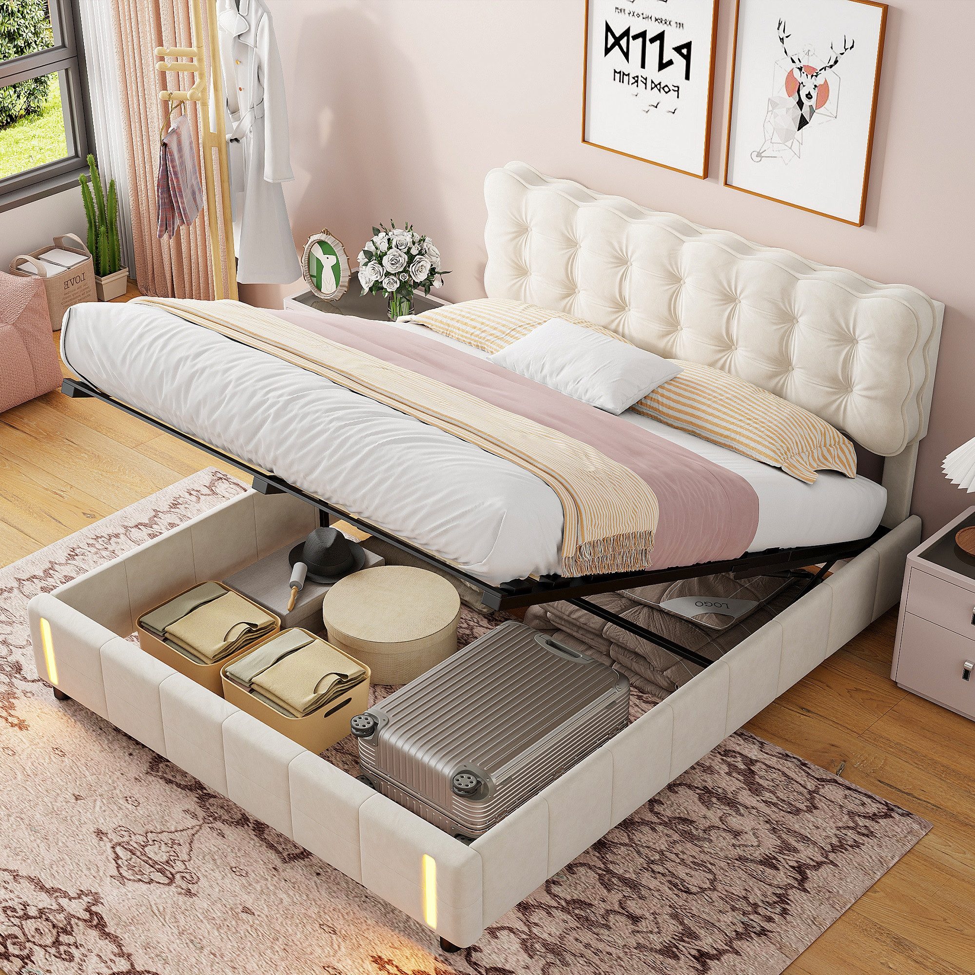 FUROKOY Stauraumbett Polsterbett Doppelbett mit LED-Beleuchtung günstig online kaufen