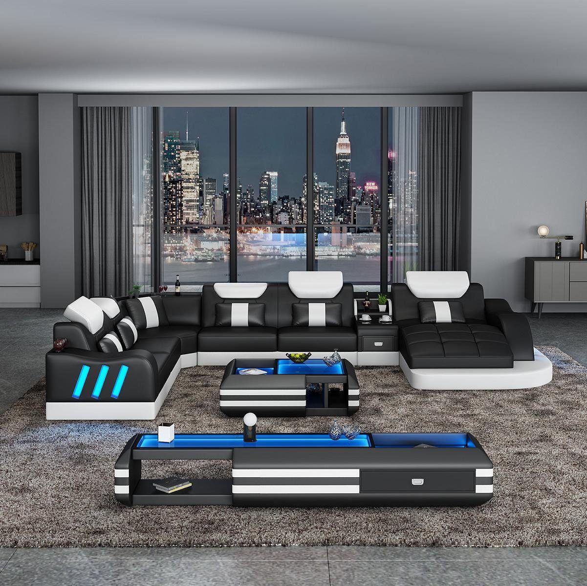 JVmoebel Wohnlandschaft U-förmiges Ecksofa in Schwarz mit roten Akzenten und Couchtisch, Made in Europa