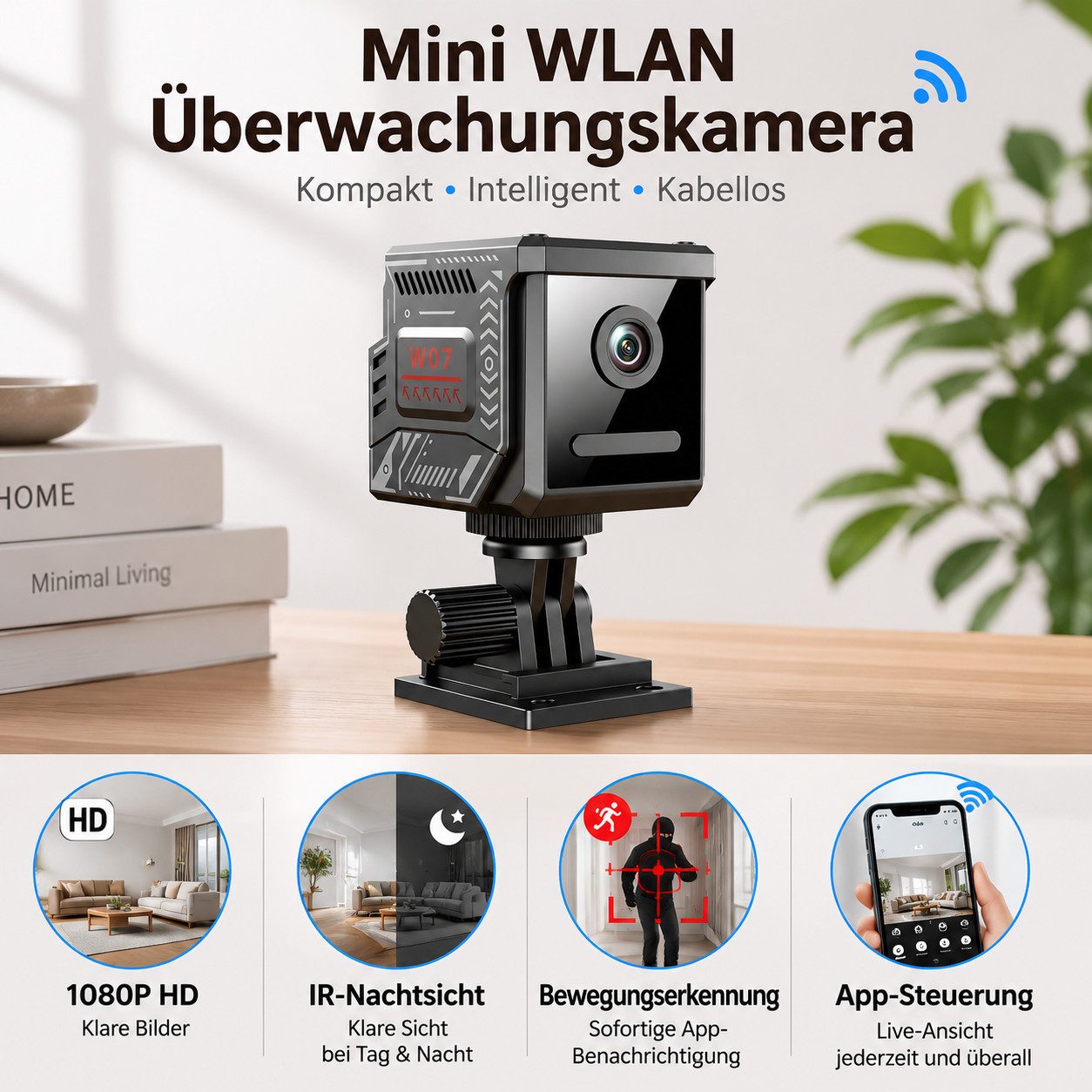 Toomoke Überwachungskamera Mini WLAN Überwachungskamera Innen 1080P HD mit Nachtsicht (Überwachungskamera innen,Lange Standby WiFi Kamera, Bewegungserkennung & Cloud-Speicher, Akku-Betrieb, 130° Weitwinkel,Handy APP,für Startseite Büro Sicherheit)