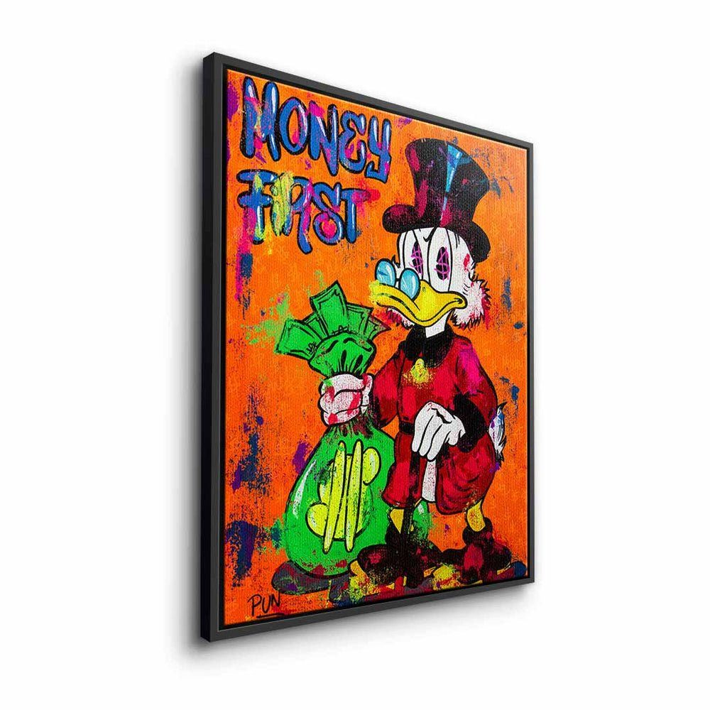 DOTCOMCANVAS® Leinwandbild, goldener Bür Leinwandbild Comic Scrooge Duck Rahmen McDuck orange money first Dagobert