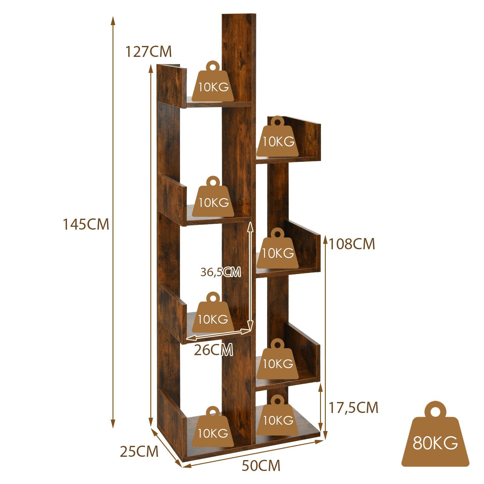 COSTWAY Bücherregal, 8 Vintagebraun 80kg, Baumform, Fächern, 50x25x145cm mit im bis