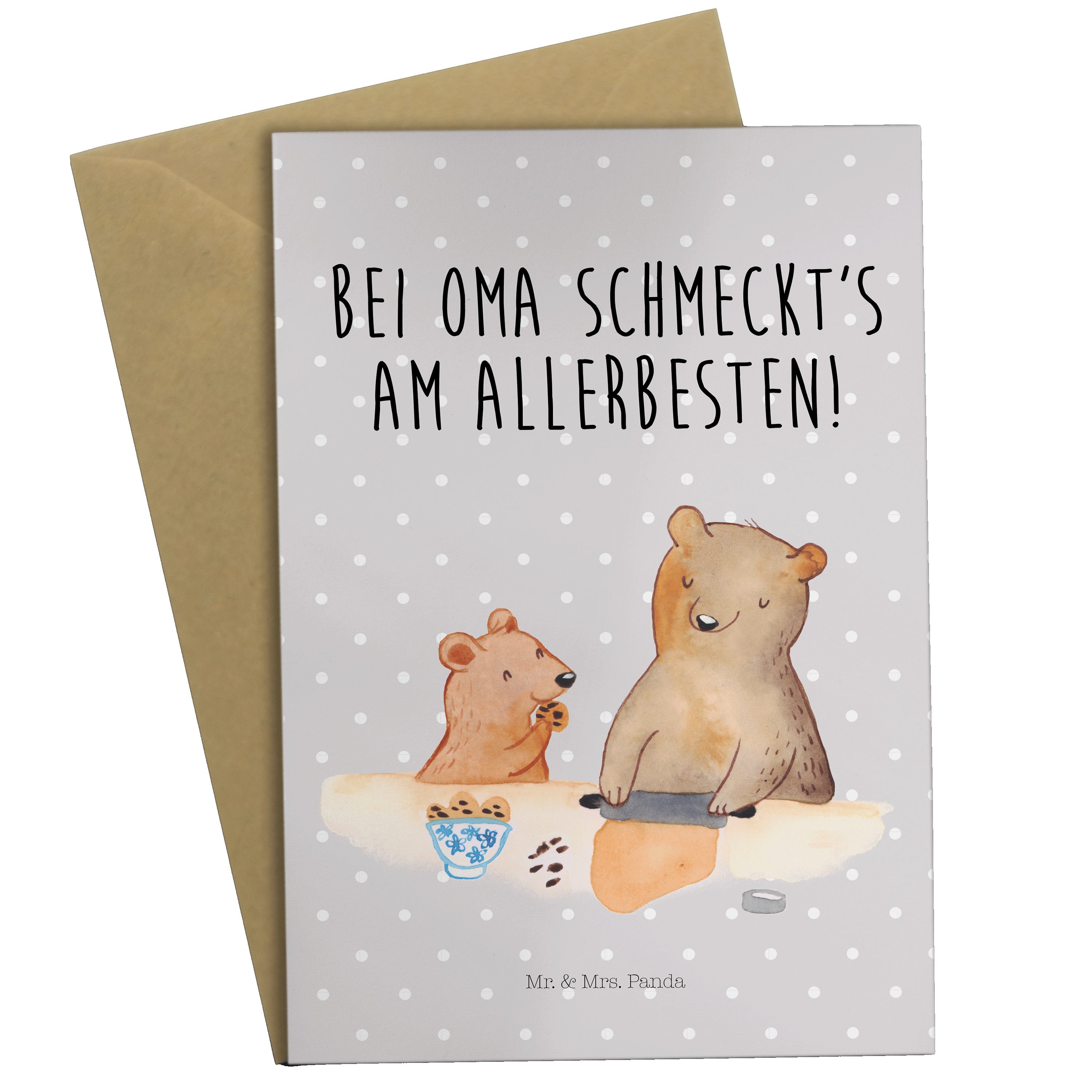 Mr. & Mrs. Panda Grußkarte Oma Bär backen - Grau Pastell - Geschenk, Hochzeitskarte, Bäckerei, S