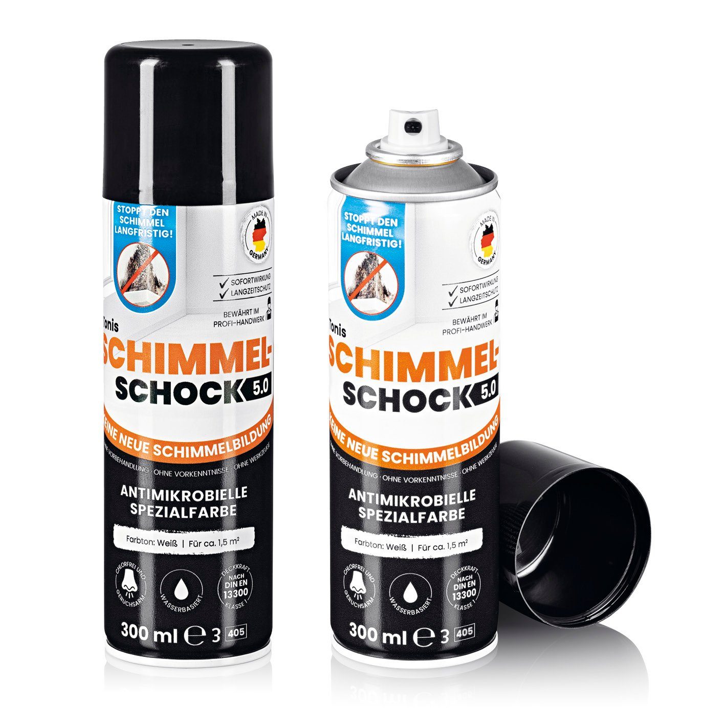 Tonis SCHIMMELSCHOCK Sprühfarbe 5.0 Antimikrobielle Spezialfarbe zur Schimmelbekämpfung für ca. 3,0 qm, Anti-Schimmelspray mit wissenschaftlicher Wirksamkeit 2er-Set