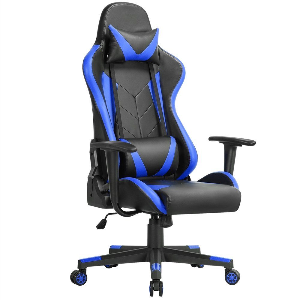 Yaheetech Gaming-Stuhl, Ergonomisches Design mit Kopfstütze und Lendenkissen Schwarz / Blau