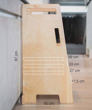 Ehrenkind Stehhilfe Lernturm Entdeckerturm Montessori 4-fach höhenverstellbar (Extra kippsicher & stabil), aus hochwertigem Birkenschichtholz, Lernturm ab 1 Jahr, Made in Europe