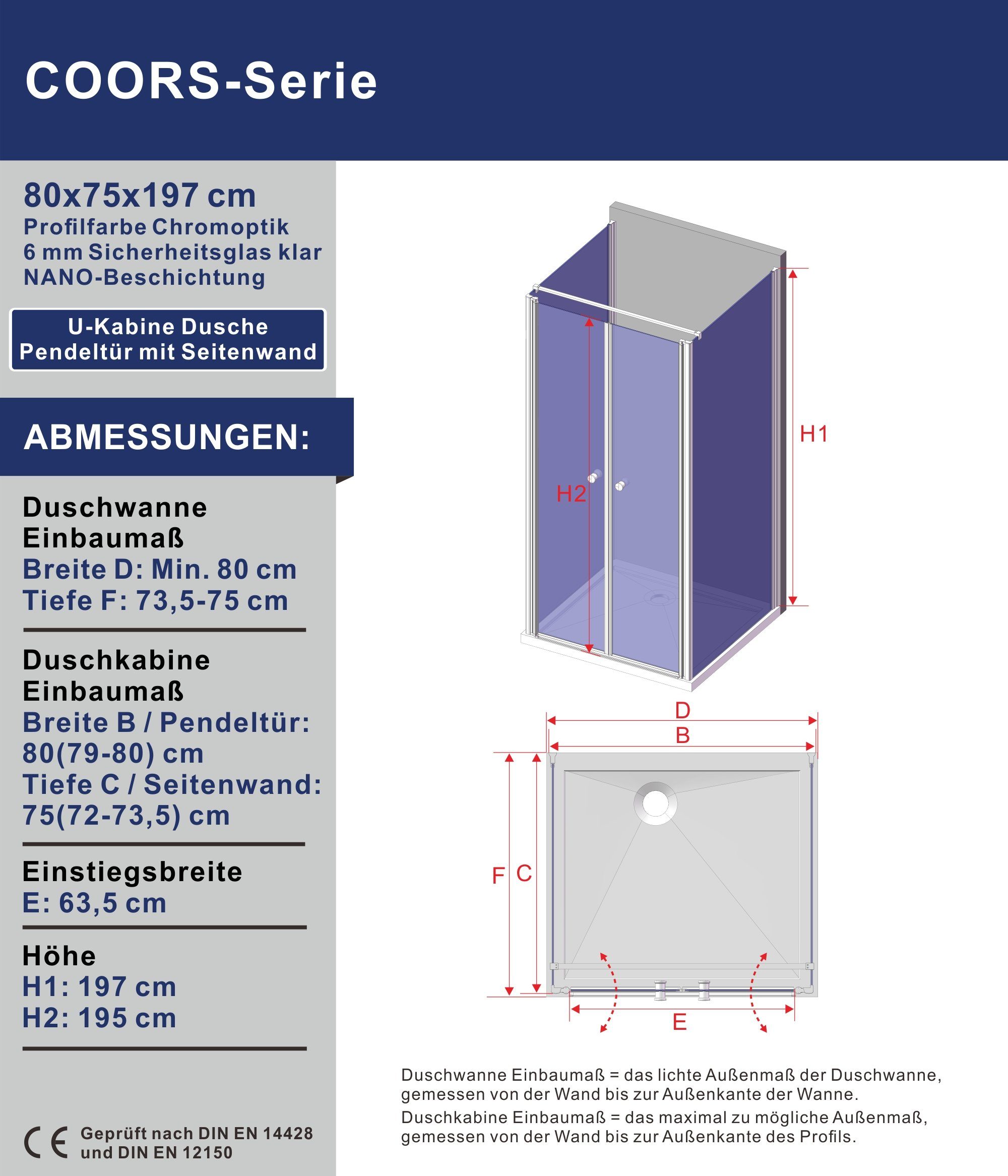 AQUABATOS Eckdusche Duschkabine Eckeinstieg U Kabine Eckdusche Pendeltür Schwingtür, BxT: 80x75 cm, 6 mm Einscheibensicherheitsglas mit Nanobeschichtung, barrie – Bild 5 von 5