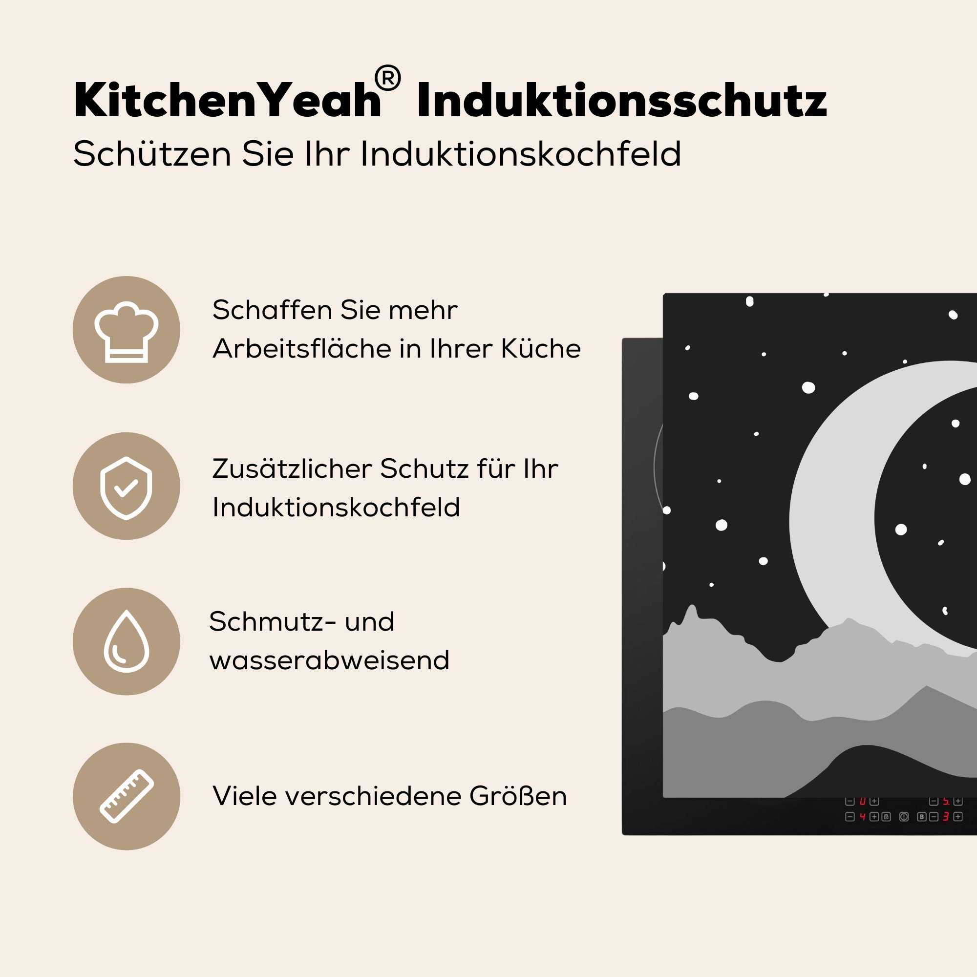 MuchoWow Herdblende-/Abdeckplatte küche Mond Arbeitsplatte - tlg), 78x78 - (1 Ceranfeldabdeckung, cm, Vinyl, Weiß, Schwarz für - Nacht